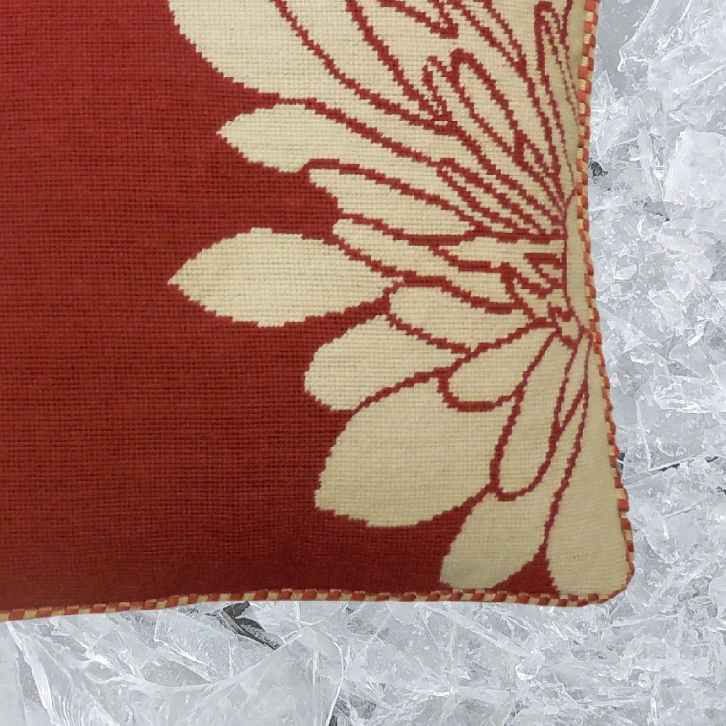 Handmade Wool Needlepoint Pillow Cover - Decorative Throw Cushion Cover - Vintage Floral Embroidery Design half flower red back checker cording