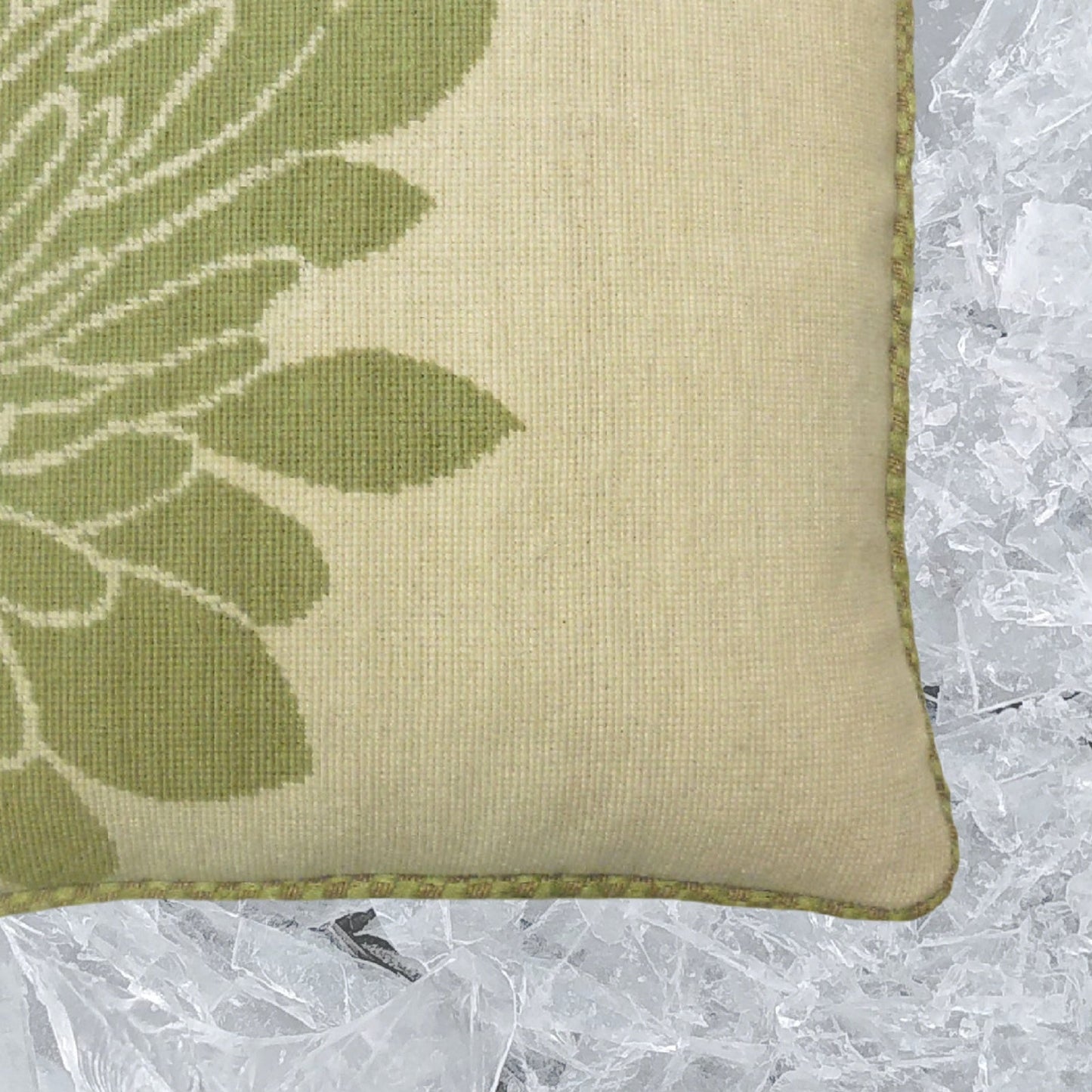 Handmade Wool Needlepoint Pillow Cover - Decorative Throw Cushion Cover - Vintage Floral Embroidery Design green half flower off-white back checker cording