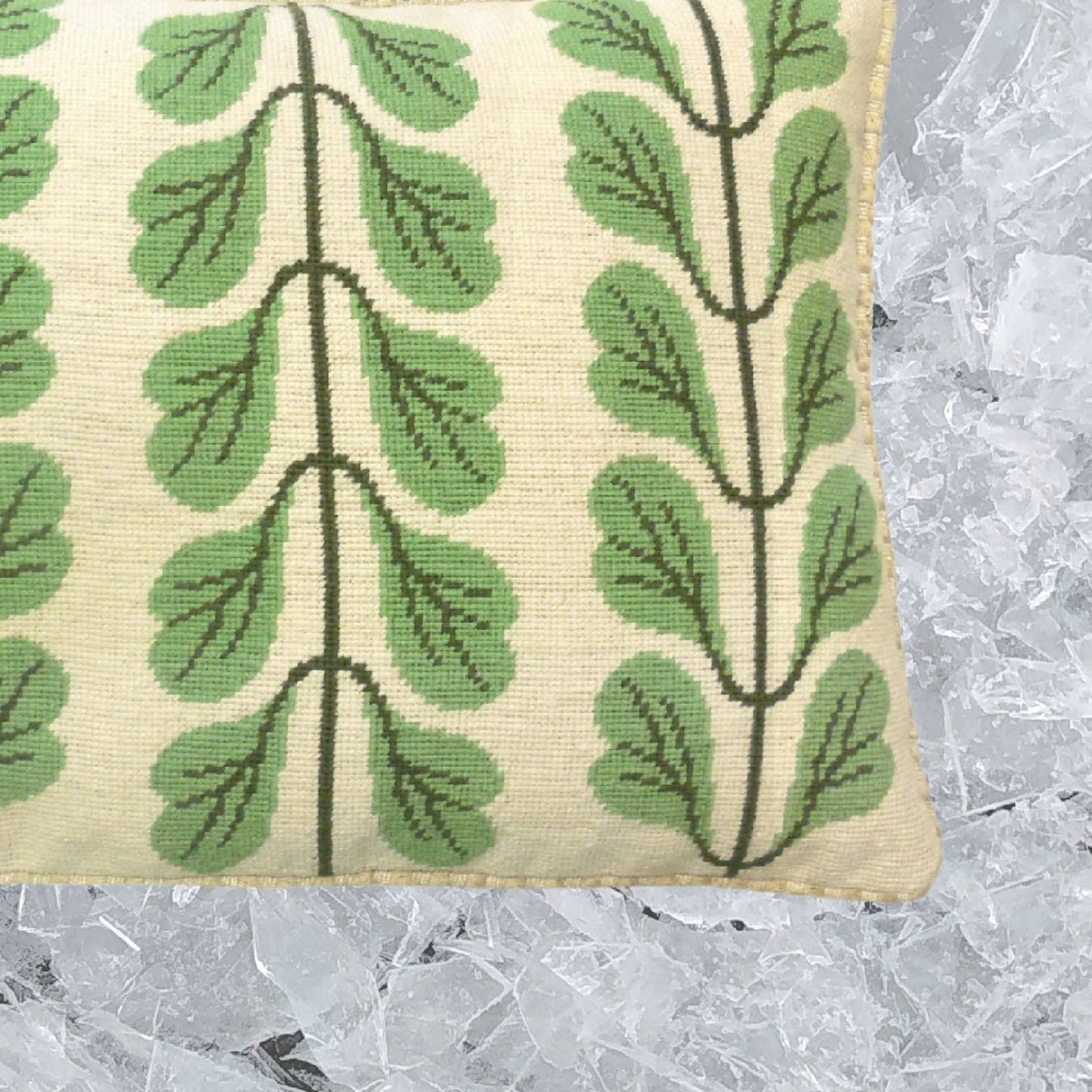 Handmade Wool Needlepoint Pillow Cover - Decorative Throw Cushion Cover - Vintage Floral Embroidery Design 3 lines green leaves checker cording