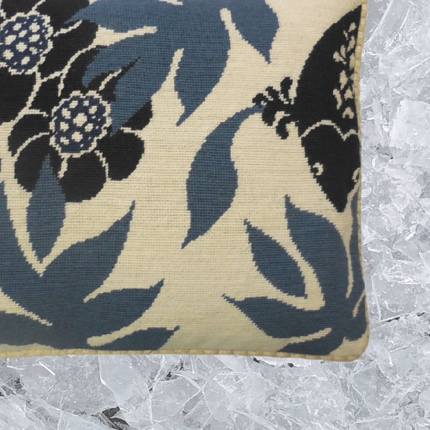 Handmade Wool Needlepoint Pillow Cover - Decorative Throw Cushion Cover - Vintage Floral Embroidery Design blue Koi ship checker cording