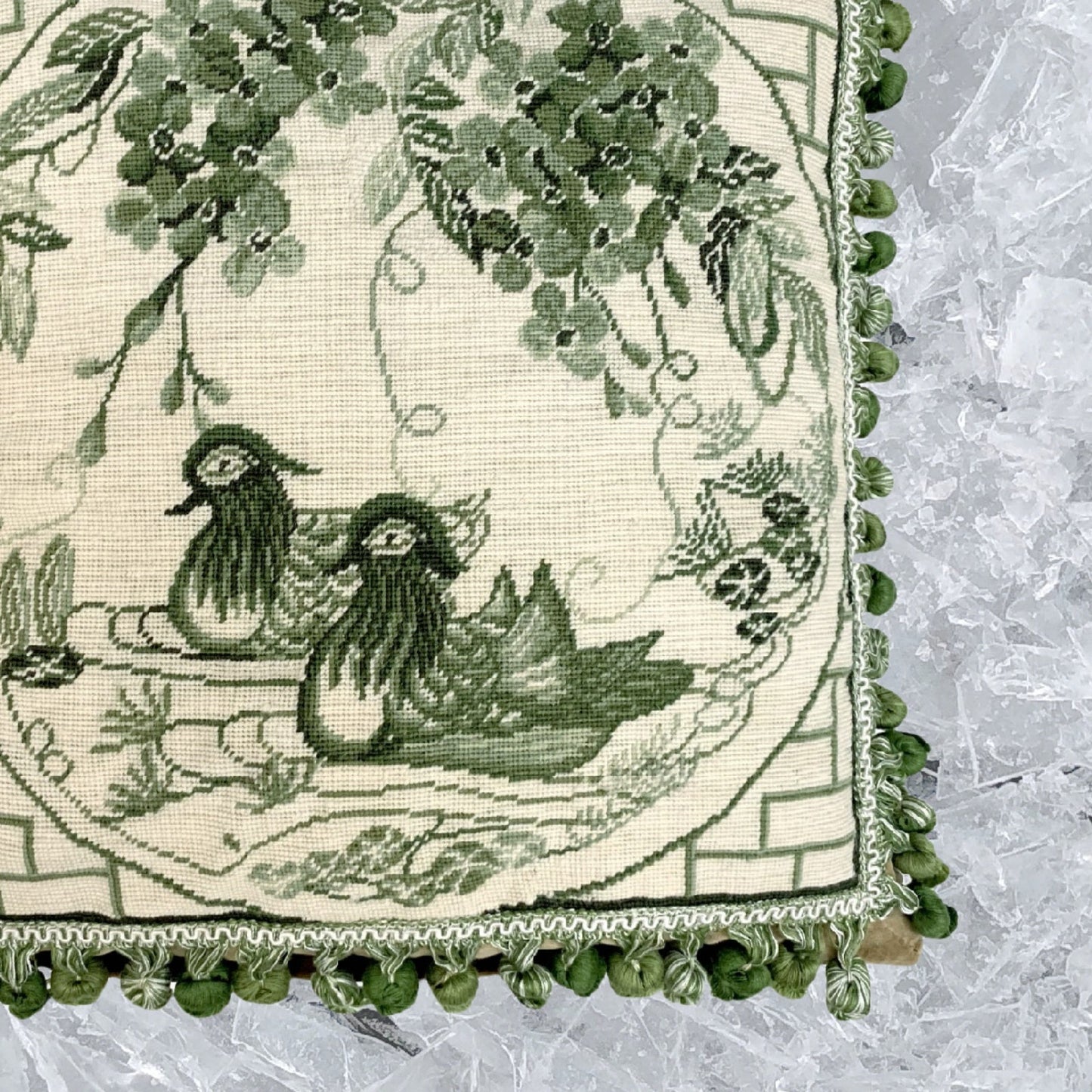 Handmade Wool Needlepoint Pillow Cover - Decorative Throw Cushion Cover - Vintage Floral Embroidery Design  green Manderain Ducks plum flower with tassels