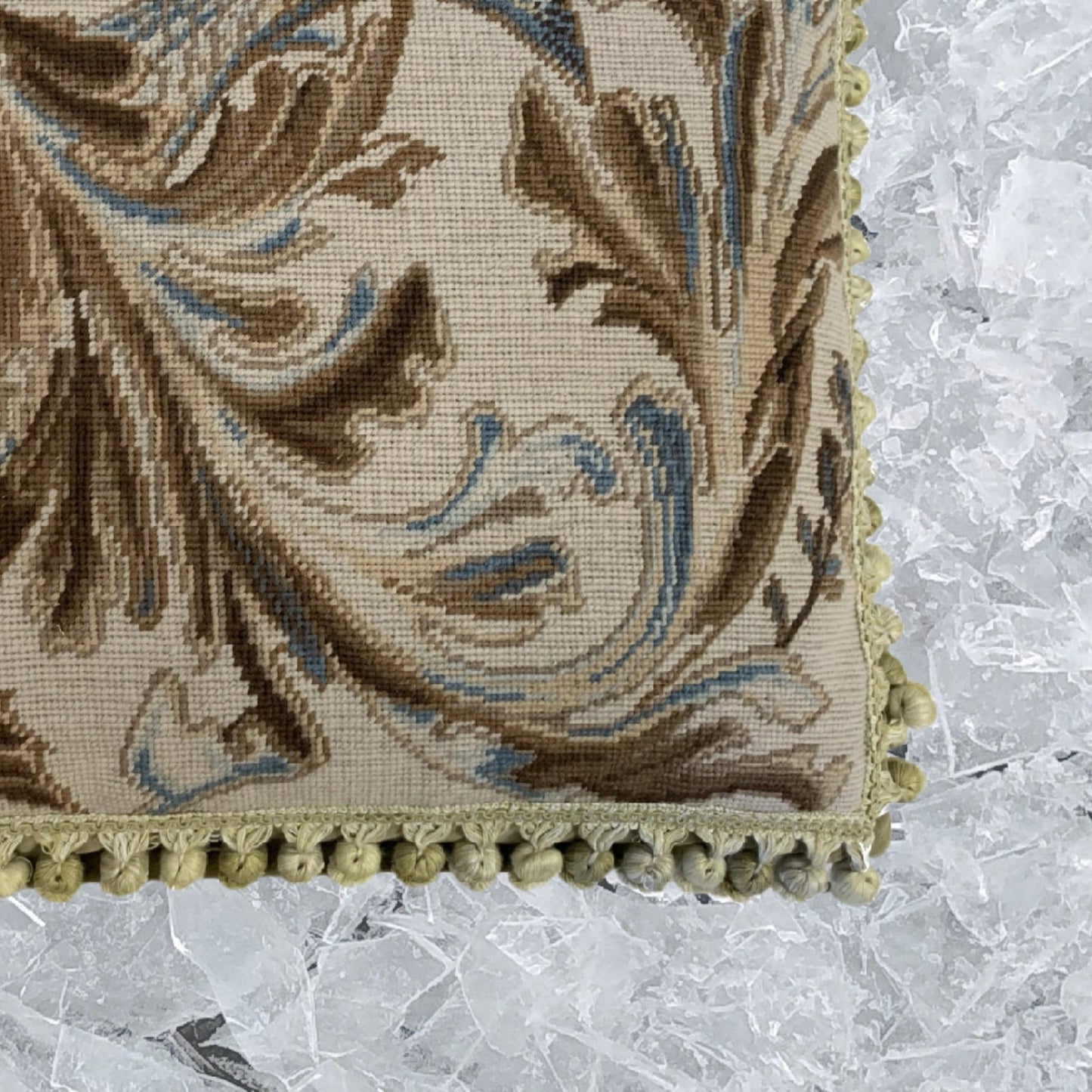 Handmade Wool Needlepoint Pillow Cover - Decorative Throw Cushion Cover - Vintage Floral Embroidery Design blue/brown fish and weeds with tassels