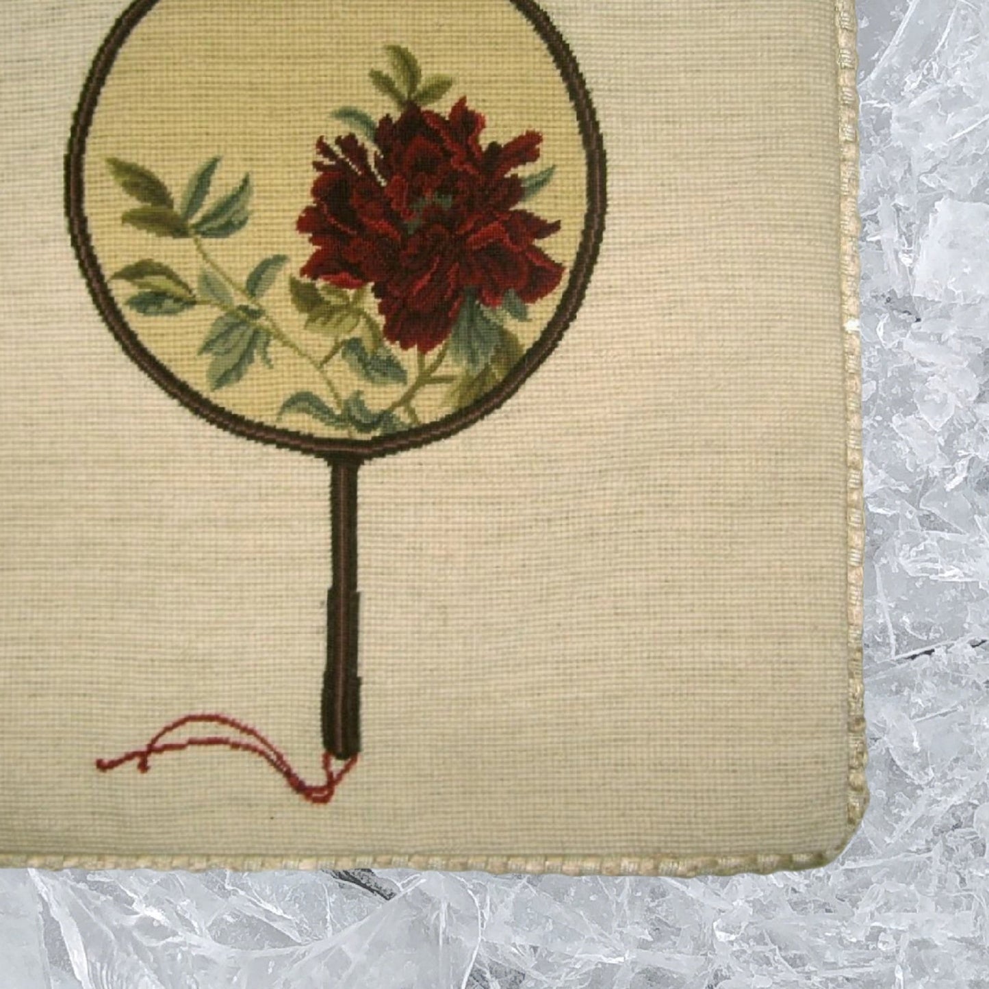 Handmade Wool Needlepoint Pillow Cover - Decorative Throw Cushion Cover - Vintage Floral Embroidery Design red peony in Chines fan with checker cording