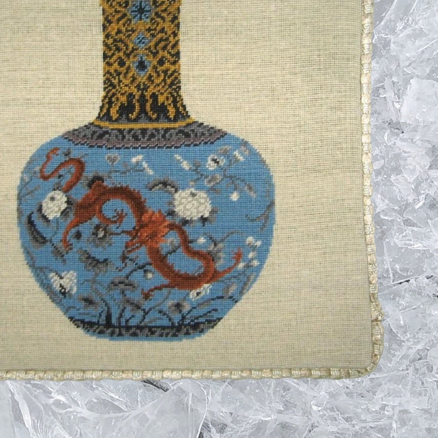 Handmade Wool Needlepoint Pillow Cover - Decorative Throw Cushion Cover - Vintage Floral Embroidery Design  Ming dynasty dragon blue vast with cording