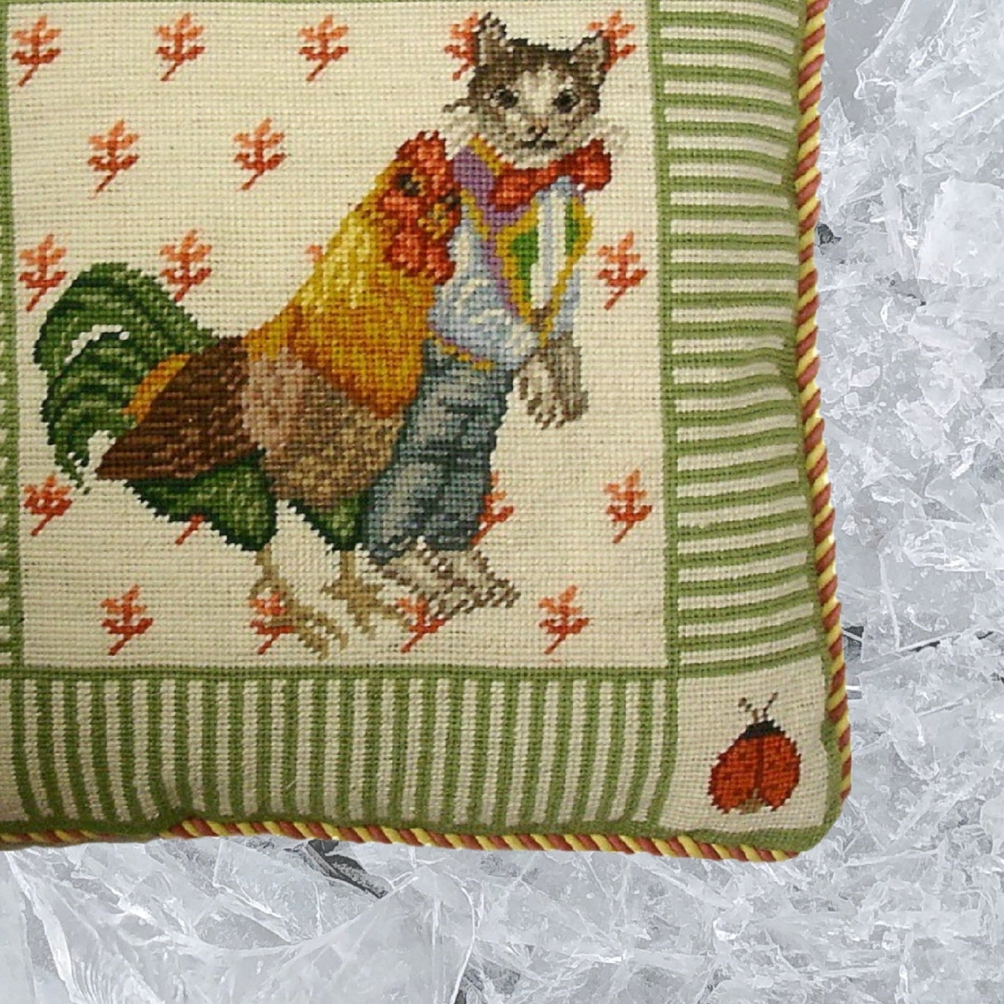 Handmade Wool Needlepoint Pillow Cover - Decorative Throw Cushion Cover - Vintage Floral Embroidery Design cat boy & chicken ladybug on 4 corners mauve & yellow cording