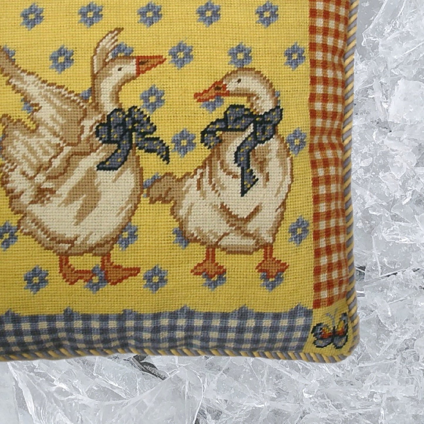 Handmade Wool Needlepoint Pillow Cover - Decorative Throw Cushion Cover - Vintage Floral Embroidery Design gees butterfly on 4 corner blue & yellow cording