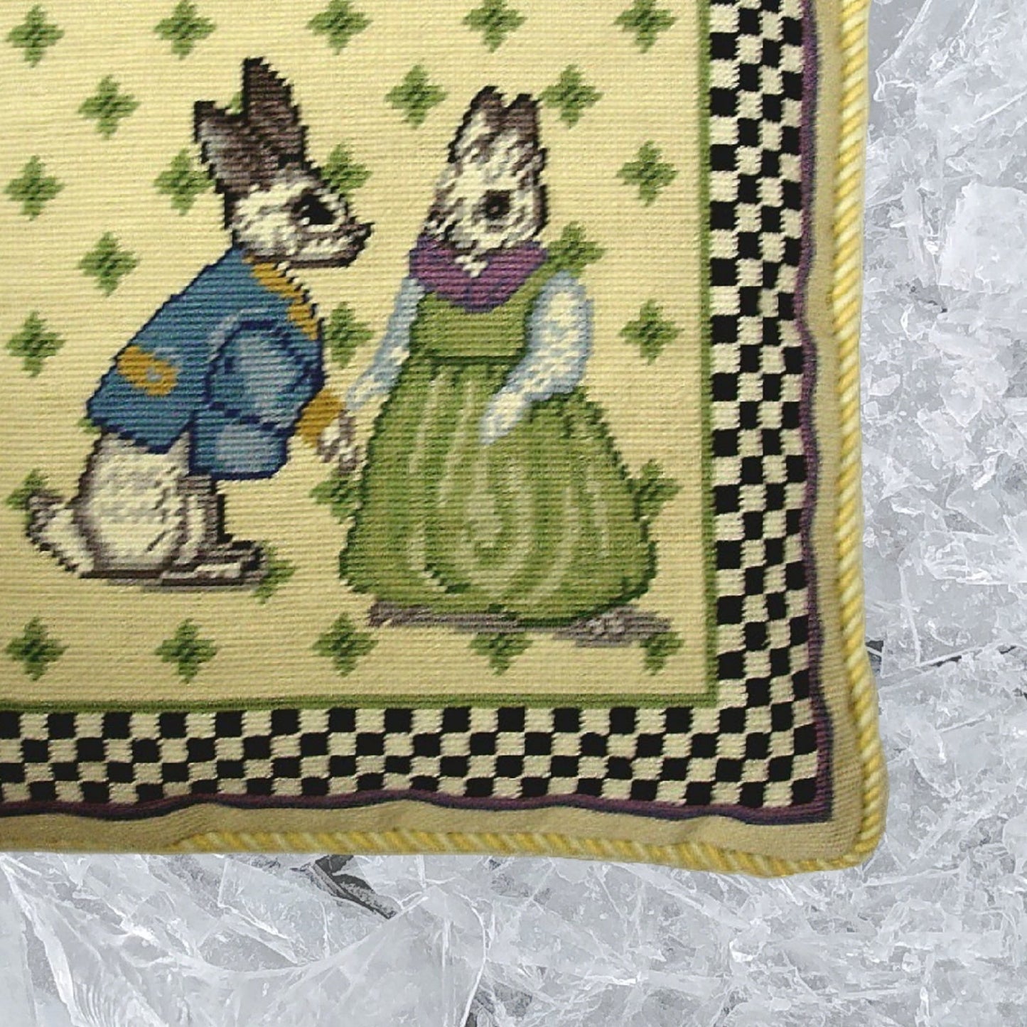 Handmade Wool Needlepoint Pillow Cover - Decorative Throw Cushion Cover - Vintage Floral Embroidery Design 2 rabit baby black white check nature & cream cording