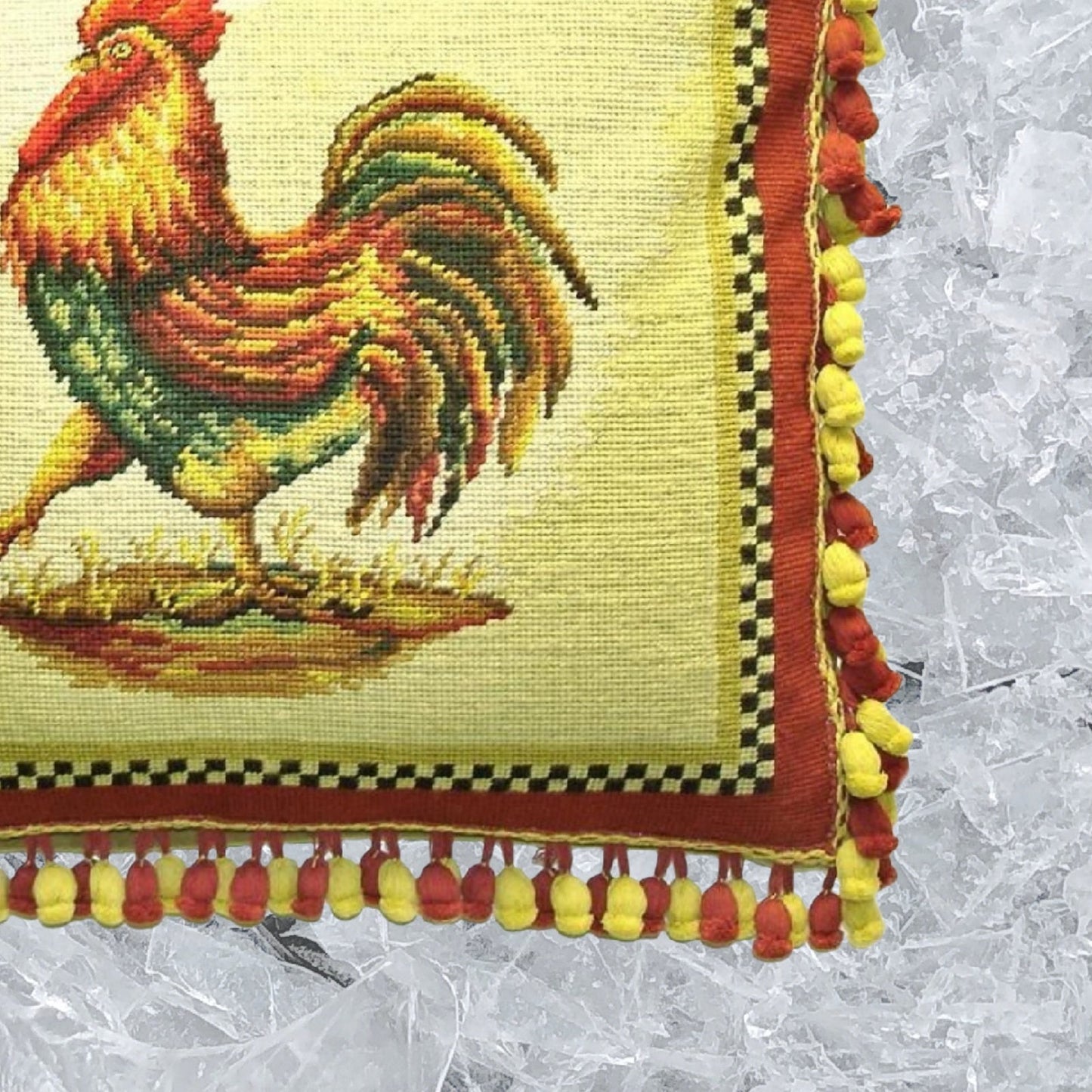 Handmade Wool Needlepoint Pillow Cover - Decorative Throw Cushion Cover - Vintage Floral Embroidery Design rooster 2 color onion tassel