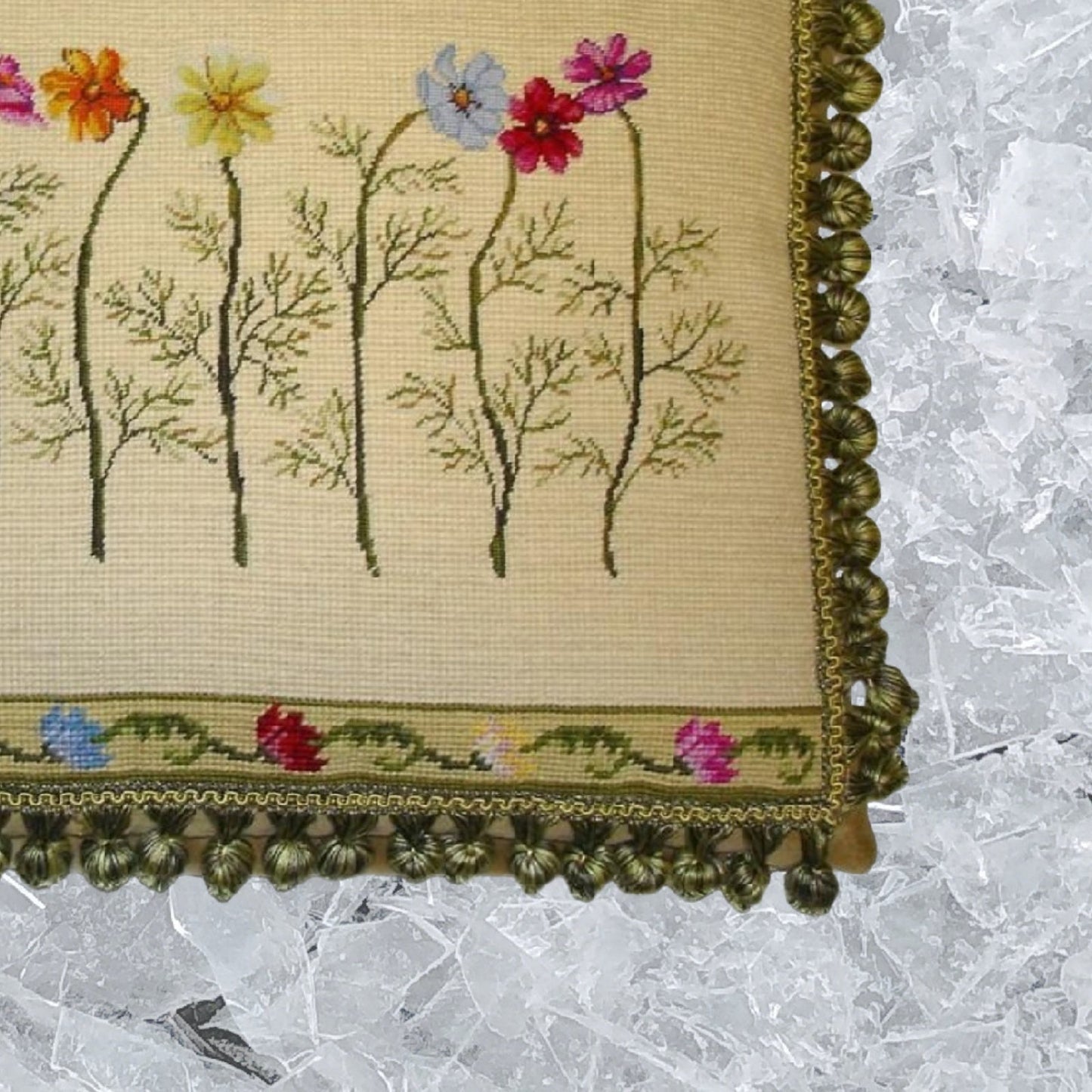 Handmade Wool Needlepoint Pillow Cover - Decorative Throw Cushion Cover - Vintage Floral Embroidery Design  with 2 color tassel II