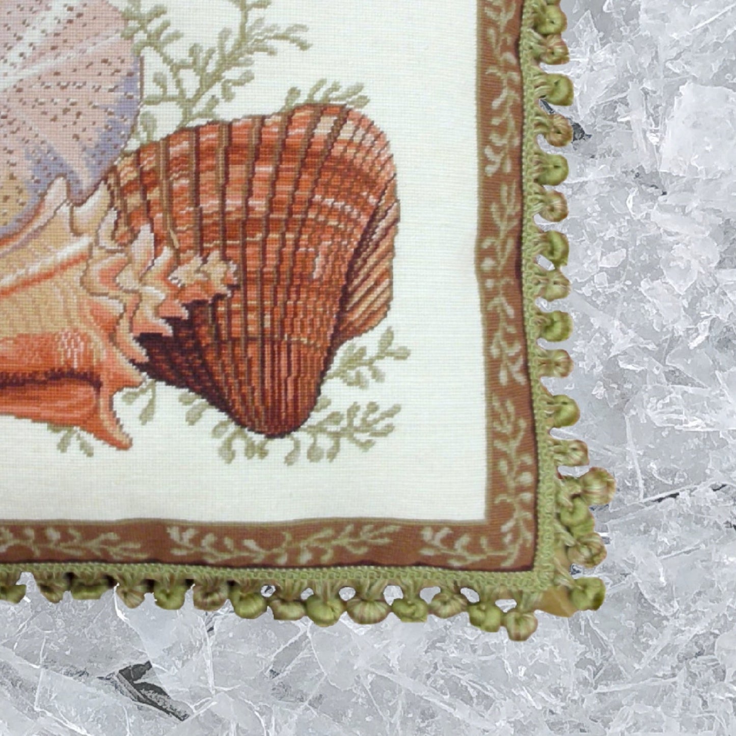 Handmade Wool Needlepoint Pillow Cover - Decorative Throw Cushion Cover - Vintage Floral Embroidery Design  Wendy Russells Shell-1 with tassel