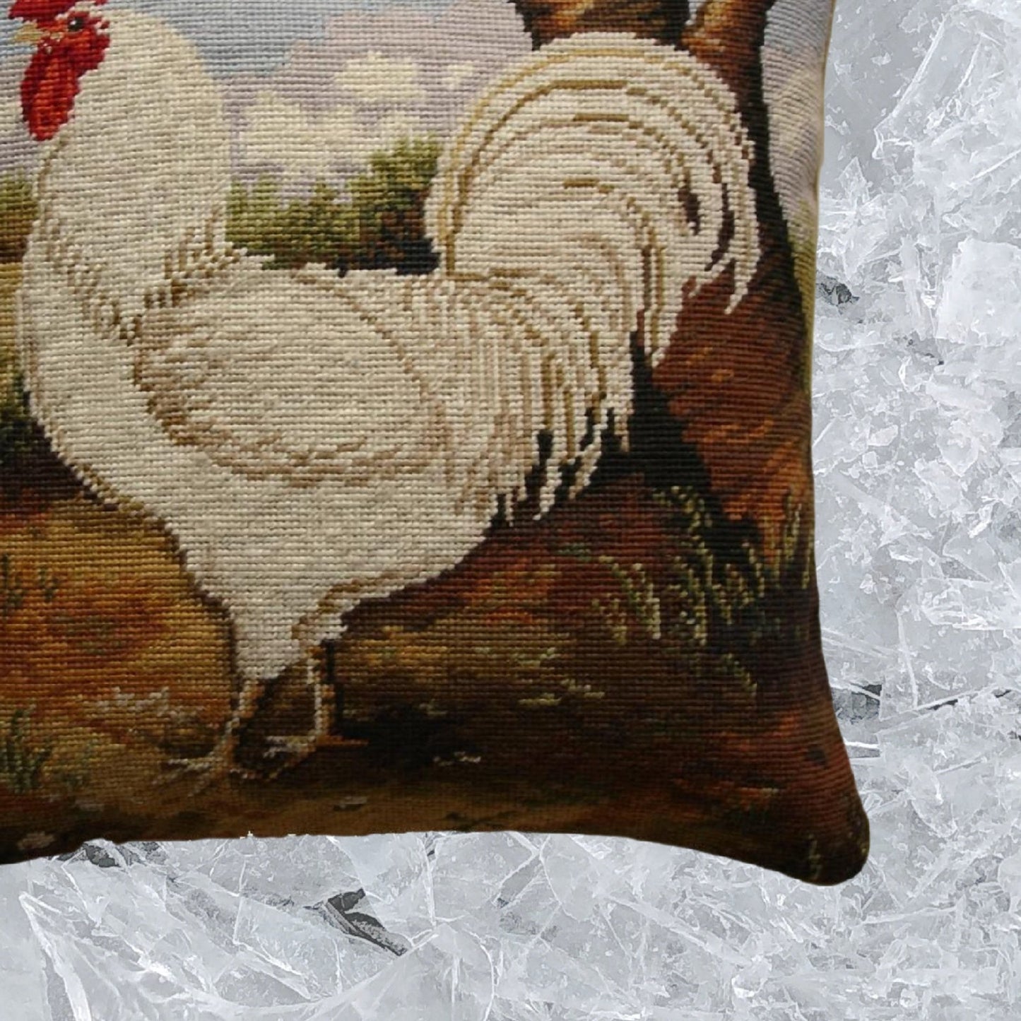 Handmade Wool Needlepoint Pillow Cover - Decorative Throw Cushion Cover - Vintage Floral Embroidery Design roosterHenry