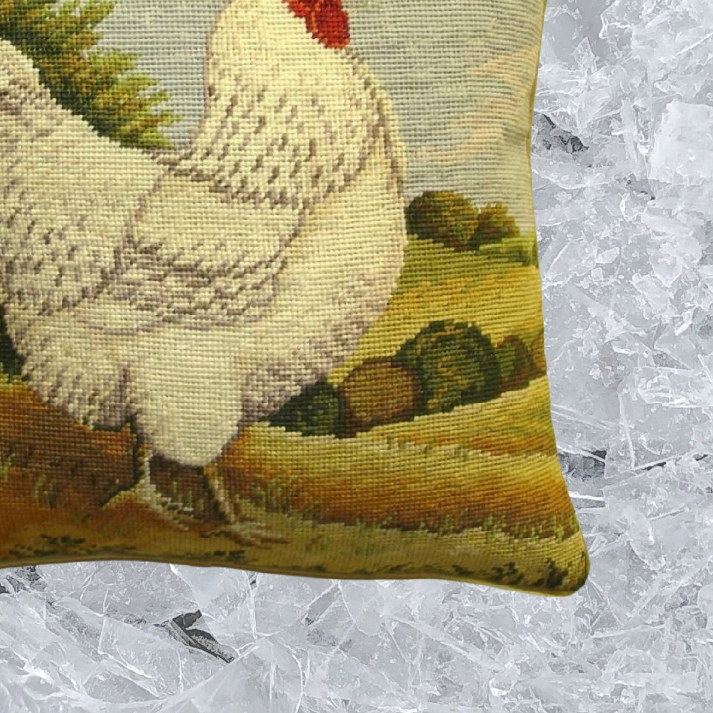 Handmade Wool Needlepoint Pillow Cover - Decorative Throw Cushion Cover - Vintage Floral Embroidery Design white roosterByron