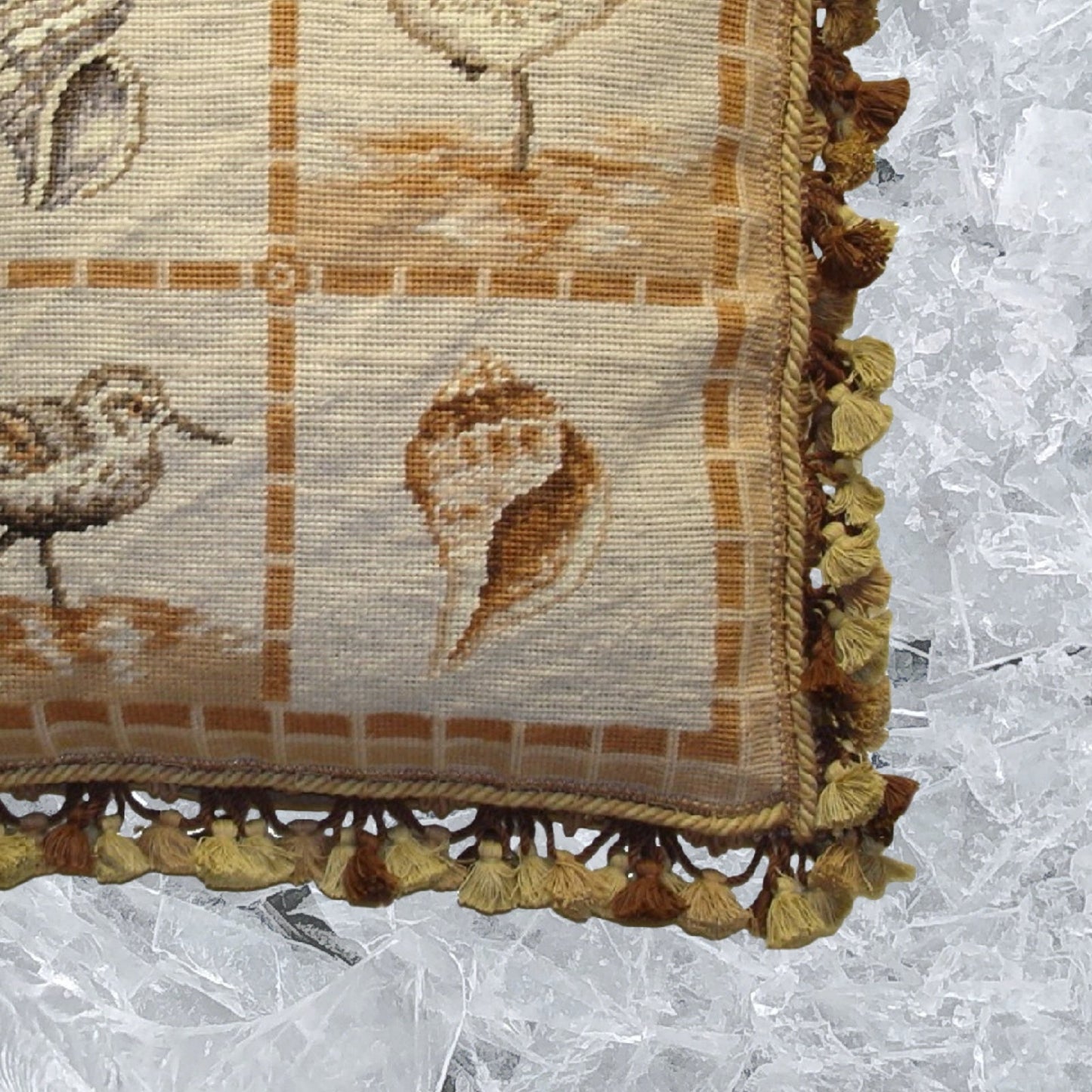 Handmade Wool Needlepoint Pillow Cover - Decorative Throw Cushion Cover - Vintage Floral Embroidery Design Brown bird and shell with tassel