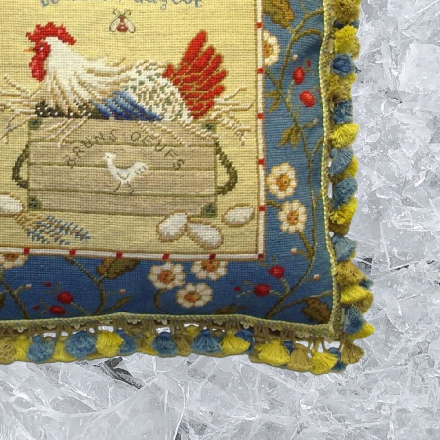 Handmade Wool Needlepoint Pillow Cover - Decorative Throw Cushion Cover - Vintage Floral Embroidery Design Sudi McCollums designLe Vieux Cageot with  bee and 3 color tassel