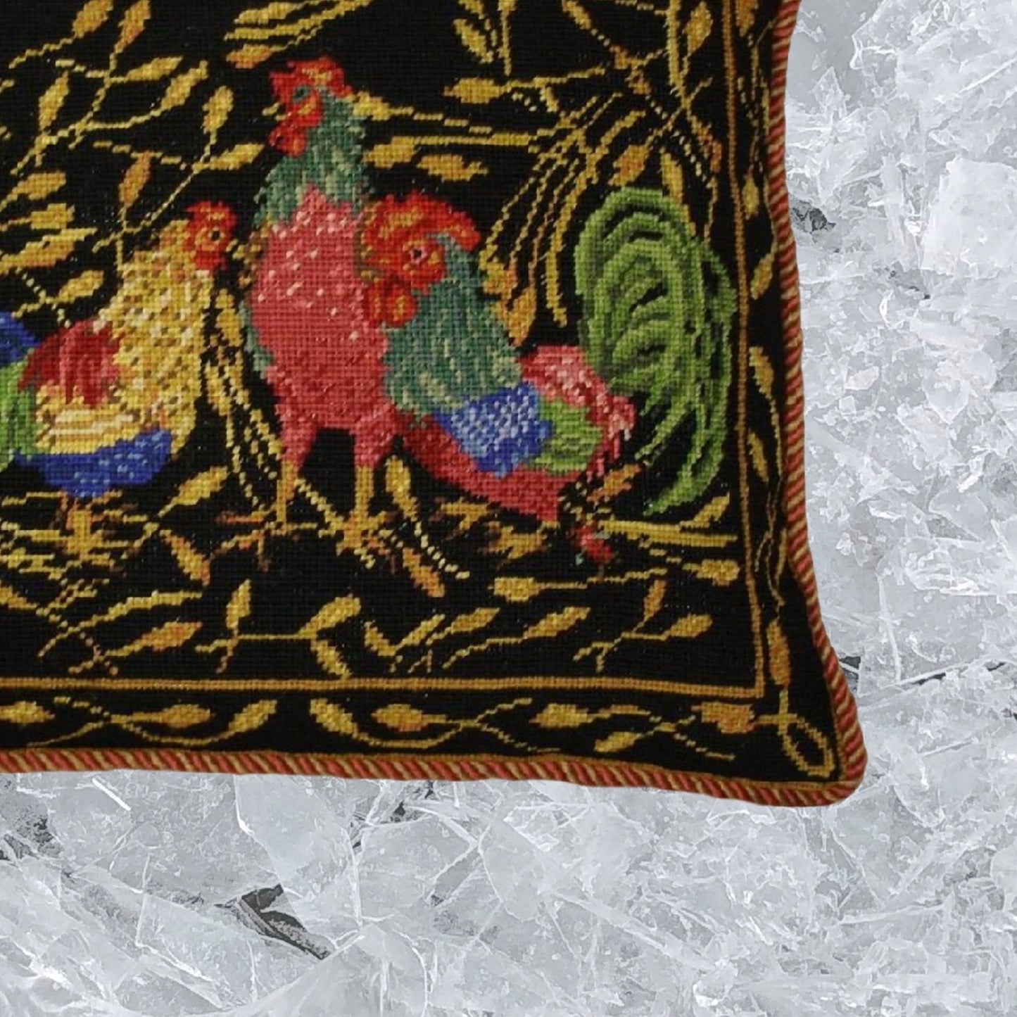 Handmade Wool Needlepoint Pillow Cover - Decorative Throw Cushion Cover - Vintage Floral Embroidery Design Anne Hathaways design 3 roosters