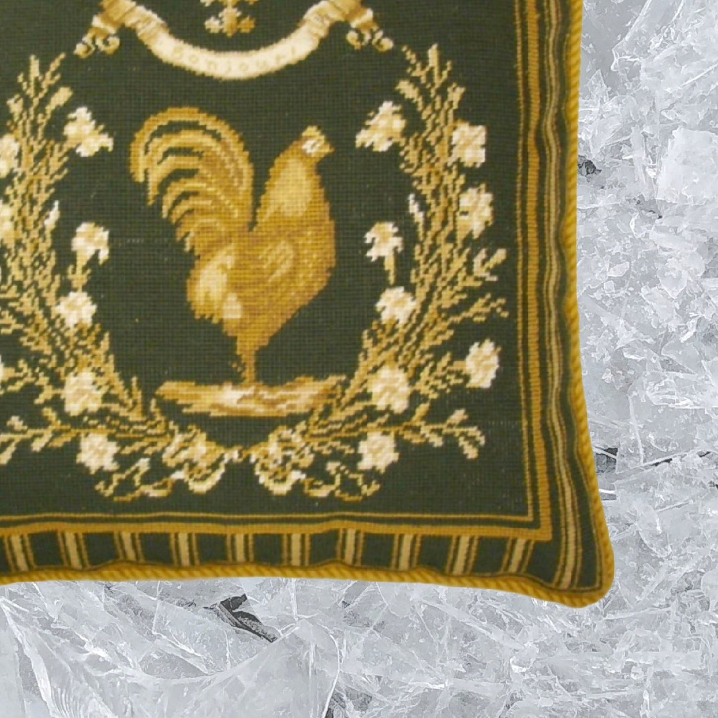 Handmade Wool Needlepoint Pillow Cover - Decorative Throw Cushion Cover - Vintage Floral Embroidery Design Gayle Bighouses design french country rooster green
