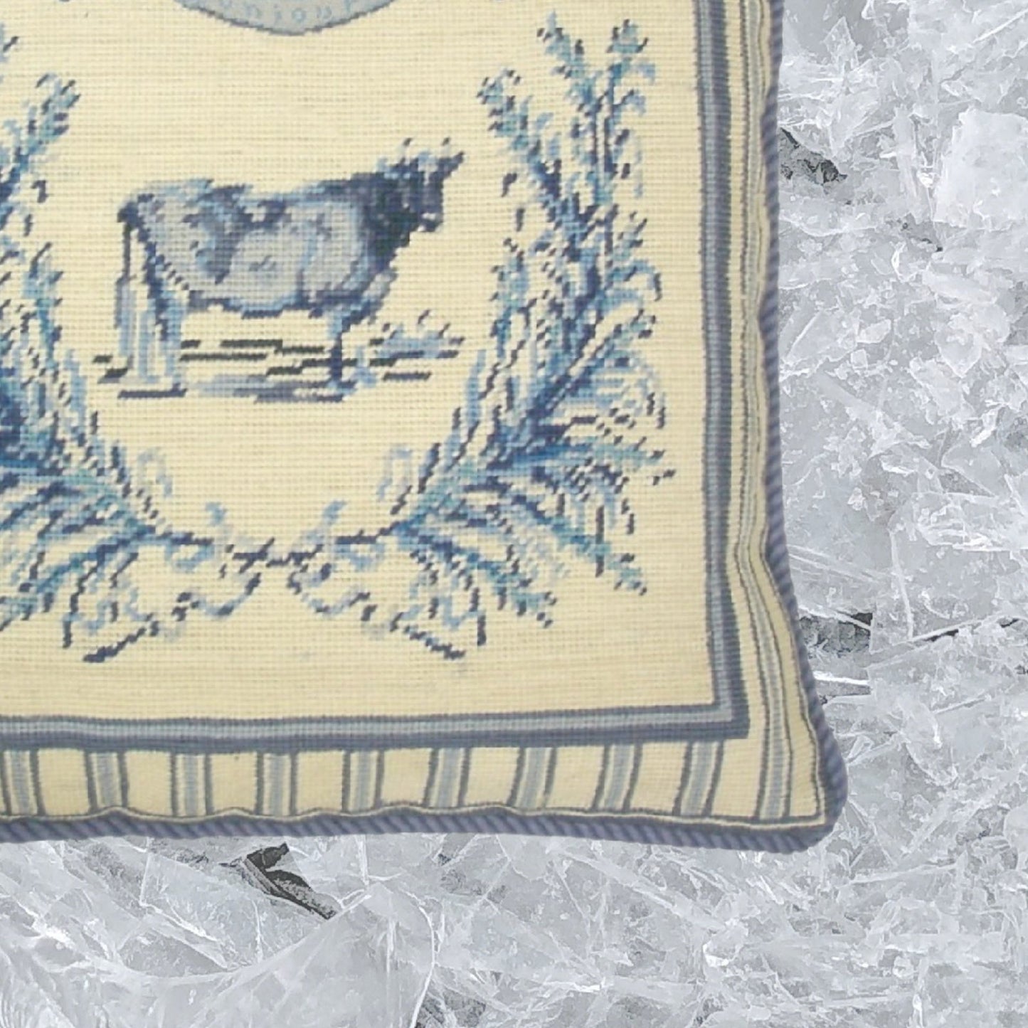 Handmade Wool Needlepoint Pillow Cover - Decorative Throw Cushion Cover - Vintage Floral Embroidery Design Gayle Bighouse design french country cow blue