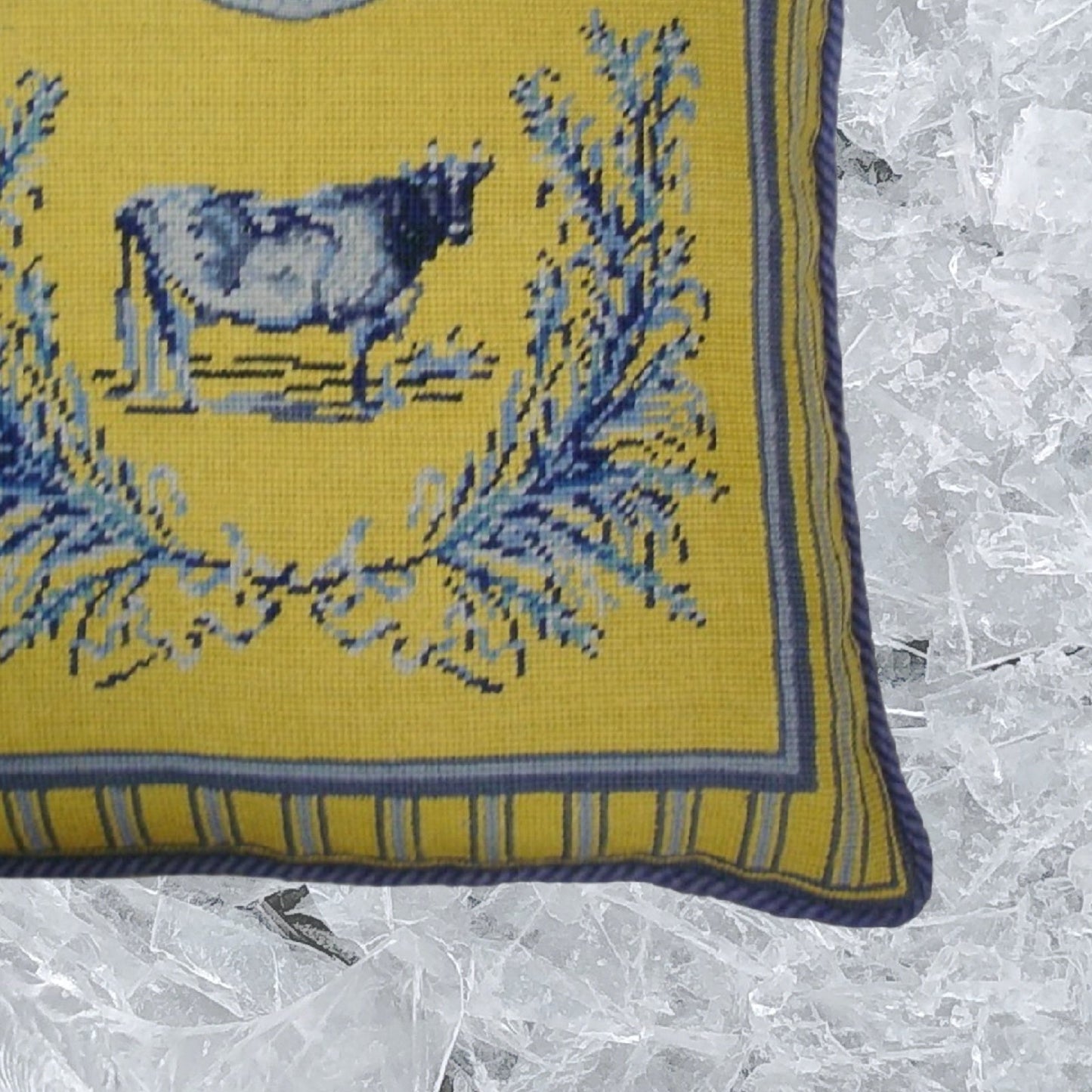 Handmade Wool Needlepoint Pillow Cover - Decorative Throw Cushion Cover - Vintage Floral Embroidery Design yellow/blue cow with cording