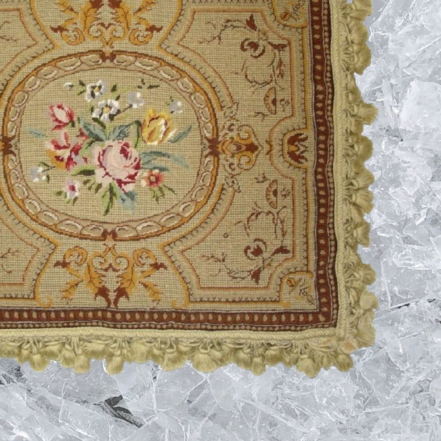 Handmade Wool Needlepoint Pillow Cover - Decorative Throw Cushion Cover - Vintage Floral Embroidery Design old antique golden frame & roses center with gold tassels