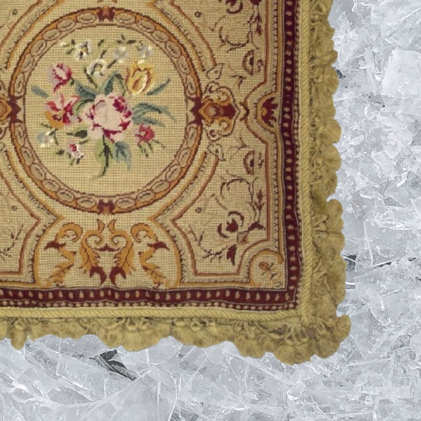 Handmade Wool Needlepoint Pillow Cover - Decorative Throw Cushion Cover - Vintage Floral Embroidery Design golden antique frame & roses center with gold tassels