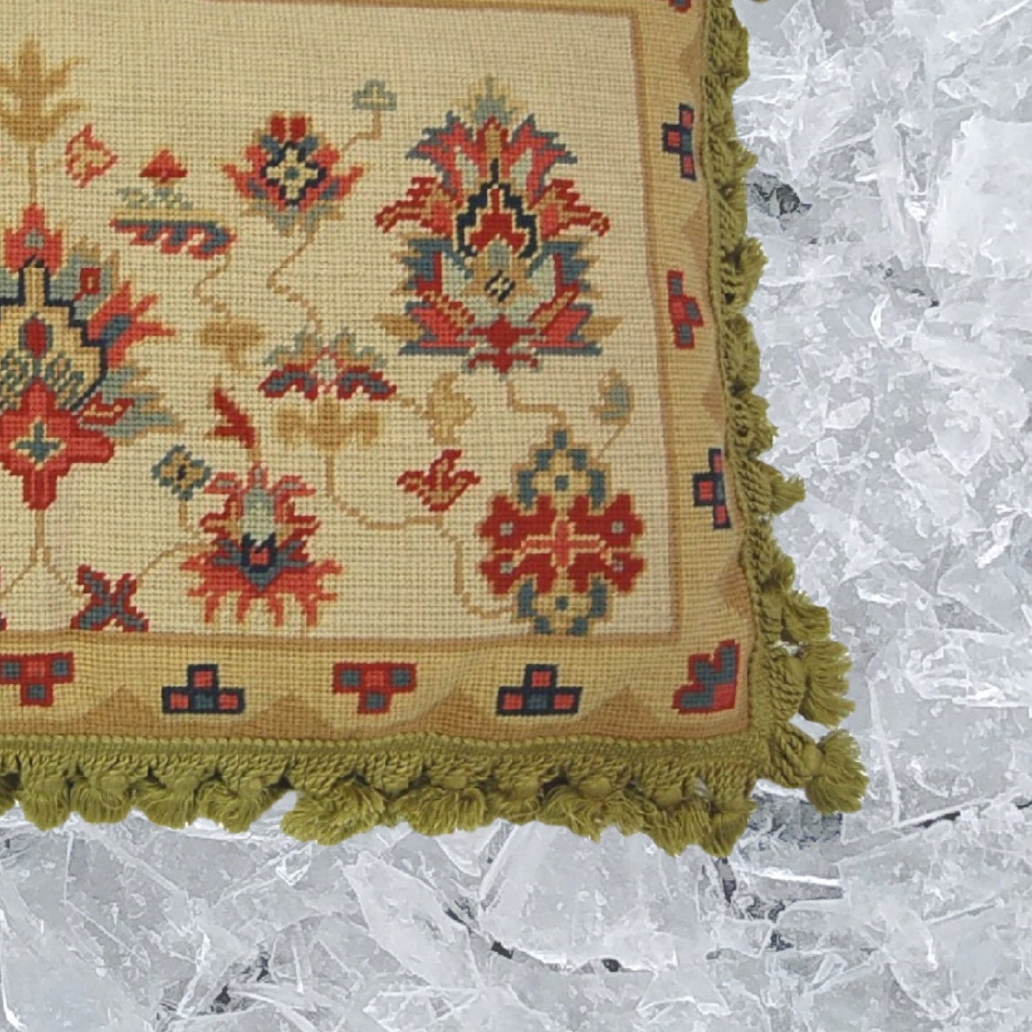 Handmade Wool Needlepoint Pillow Cover - Decorative Throw Cushion Cover - Vintage Floral Embroidery Design Turkish gold/red designs with gold tassels I