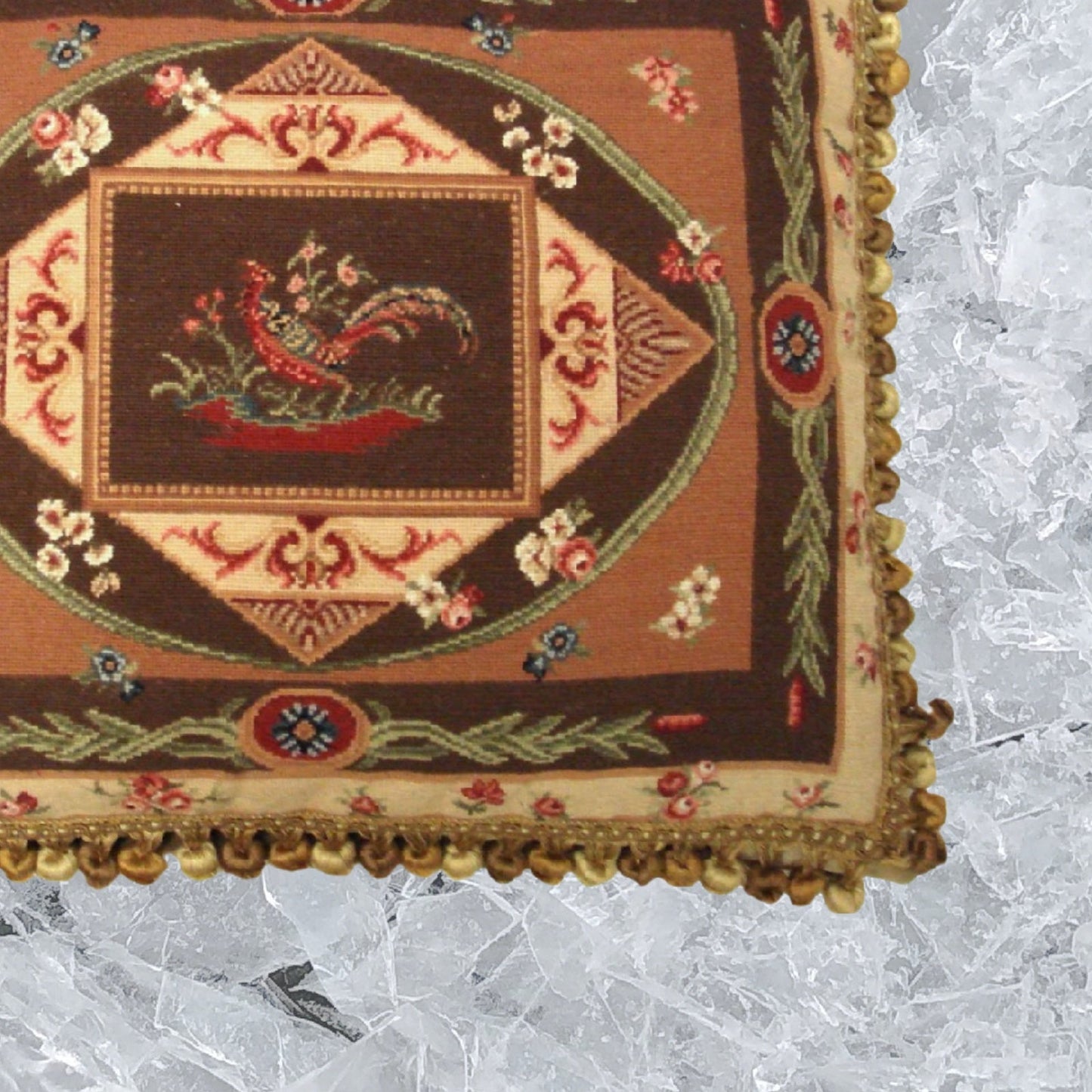 Handmade Wool Needlepoint Pillow Cover - Decorative Throw Cushion Cover - Vintage Floral Embroidery Design  pheasant center with tassels