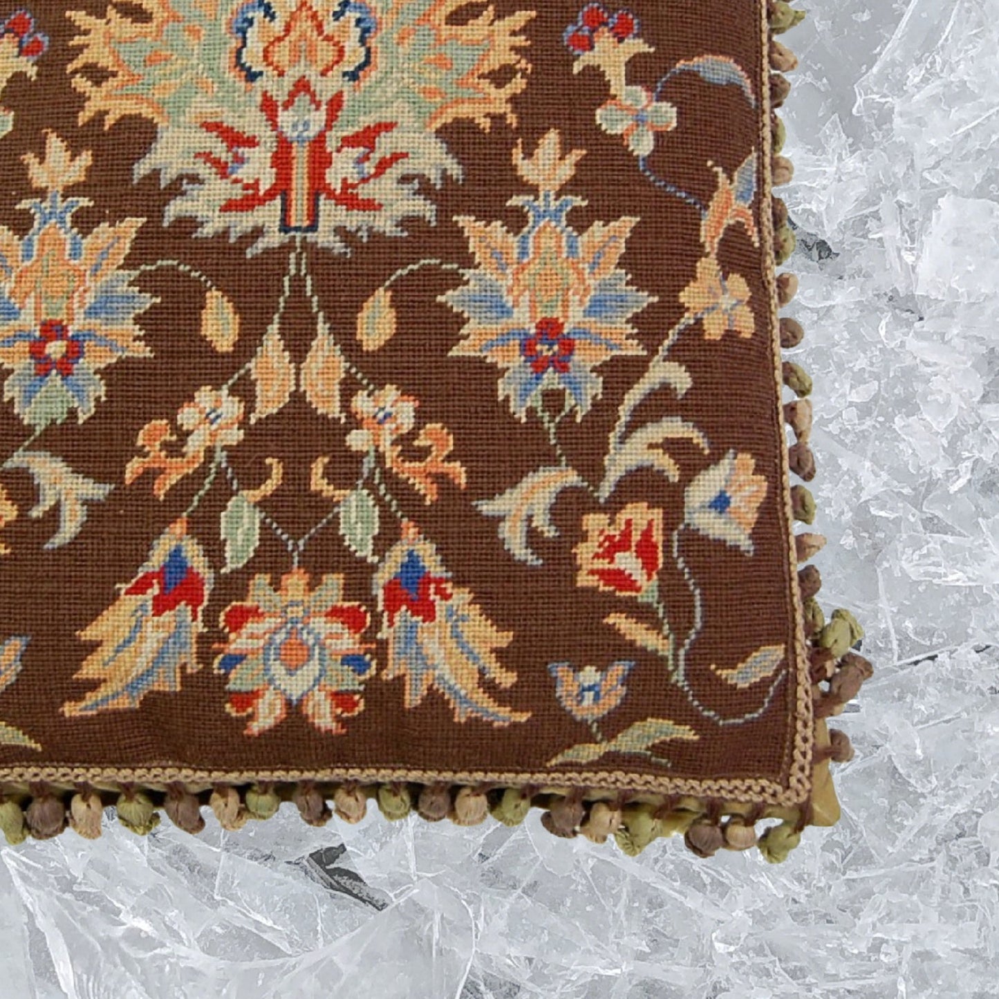 Handmade Wool Needlepoint Pillow Cover - Decorative Throw Cushion Cover - Vintage Floral Embroidery Design dark brown background William Morris style with tassels