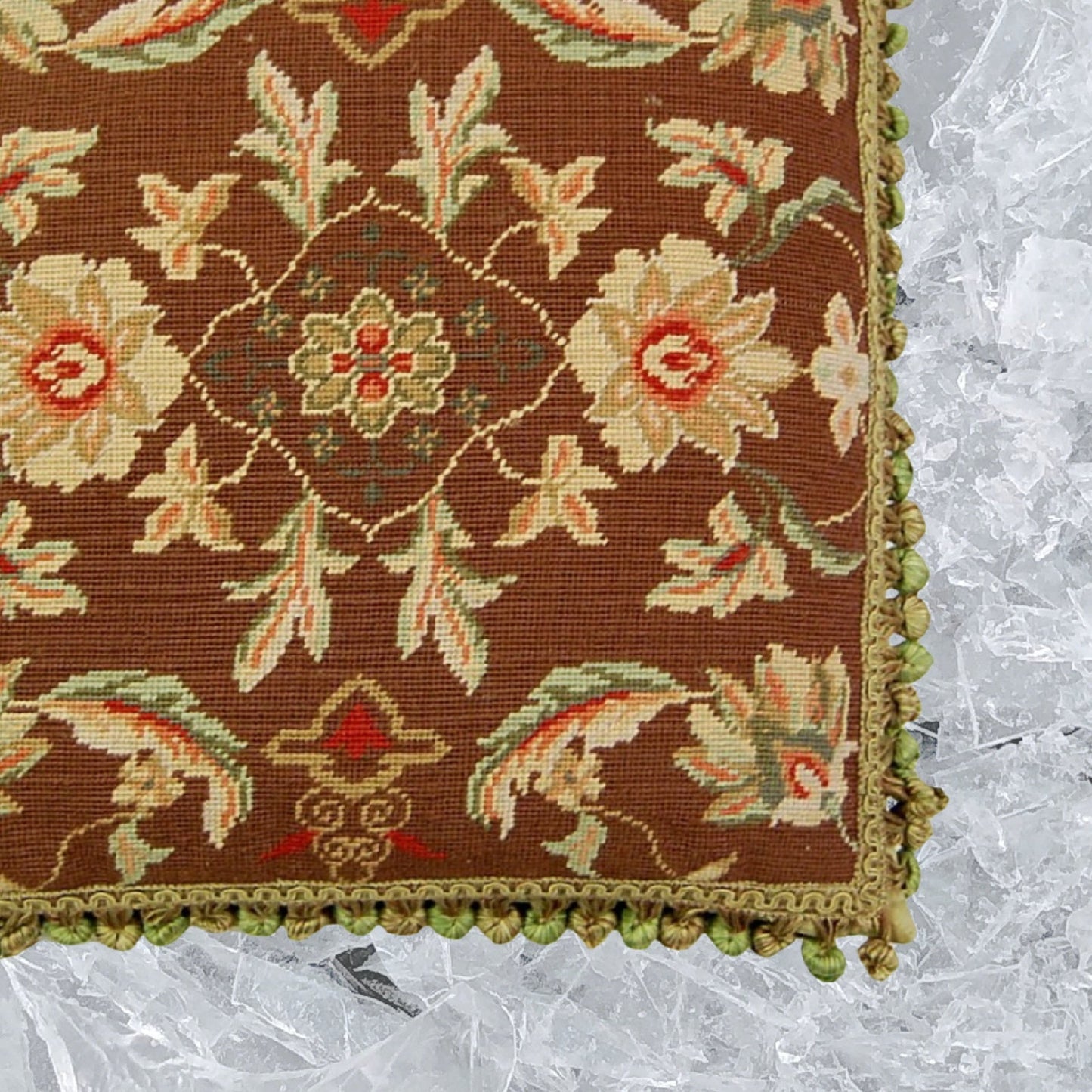 Handmade Wool Needlepoint Pillow Cover - Decorative Throw Cushion Cover - Vintage Floral Embroidery Design milk chocolate background 3 big flowers center with tassels