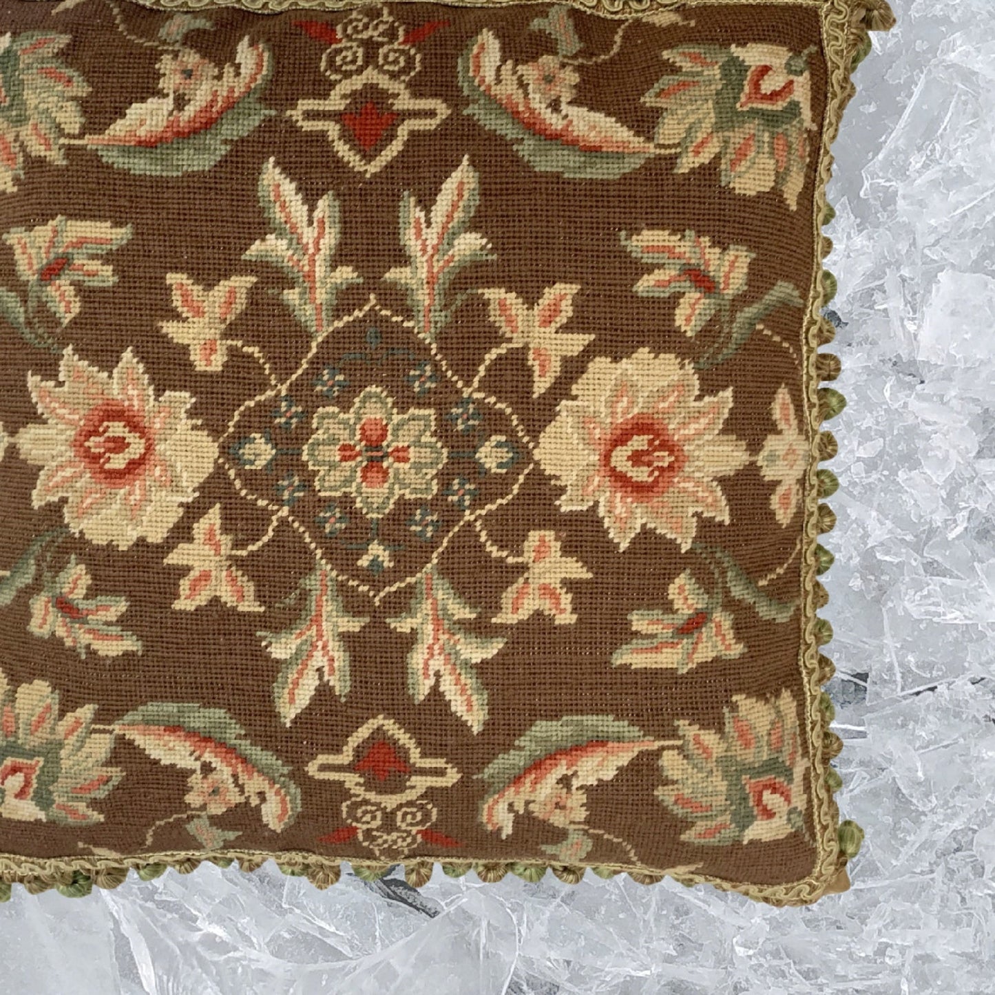 Handmade Wool Needlepoint Pillow Cover - Decorative Throw Cushion Cover - Vintage Floral Embroidery Designmilk chocolate background 3 small flower center with tassels