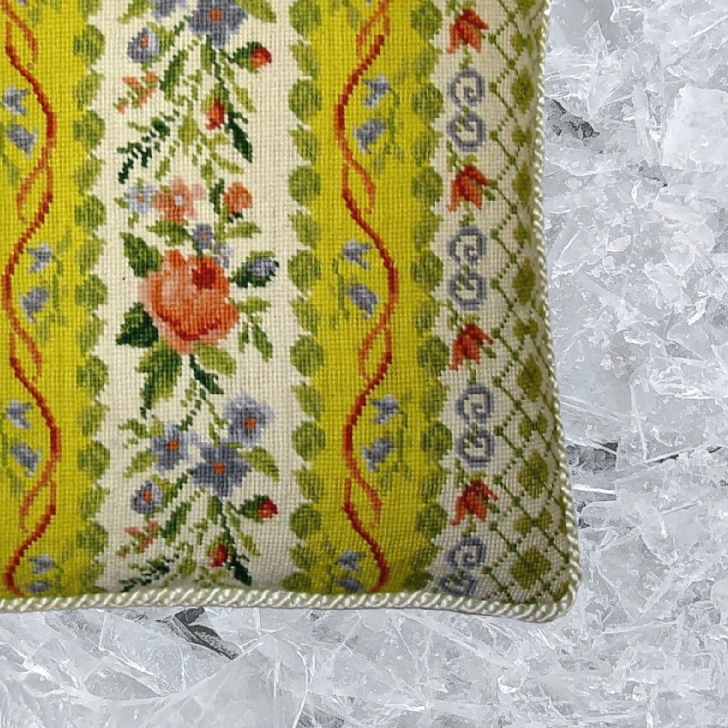 Handmade Wool Needlepoint Pillow Cover - Decorative Throw Cushion Cover - Vintage Floral Embroidery Design All check & flower with ivory cording