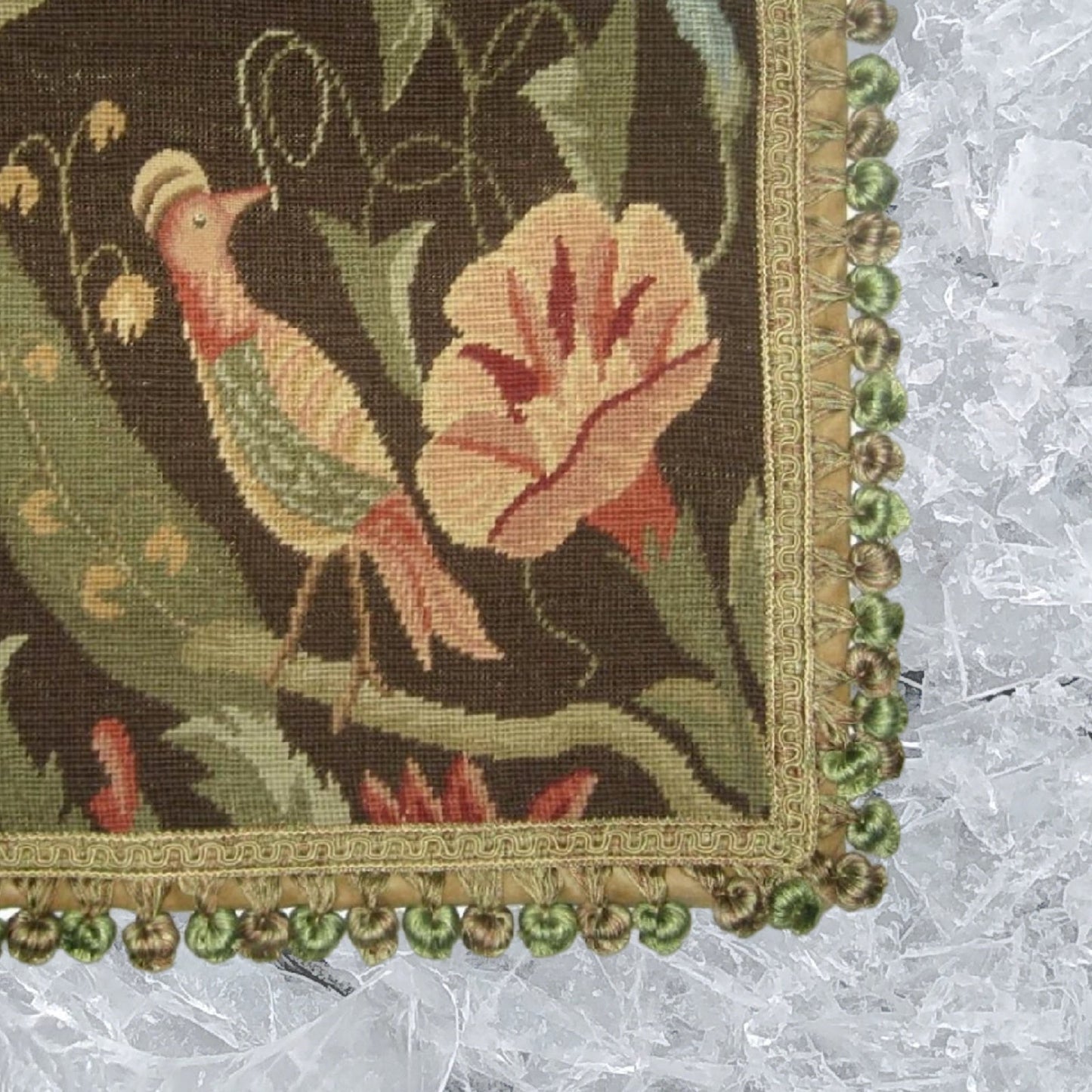 Handmade Wool Needlepoint Pillow Cover - Decorative Throw Cushion Cover - Vintage Floral Embroidery Design morning-glory/bird with tassel