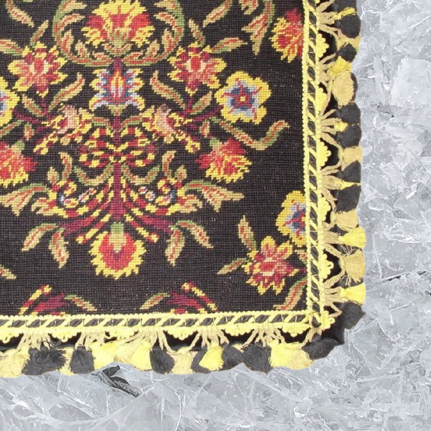 Handmade Wool Needlepoint Pillow Cover - Decorative Throw Cushion Cover - Vintage Floral Embroidery Design William Morris design black background 2 color tassel