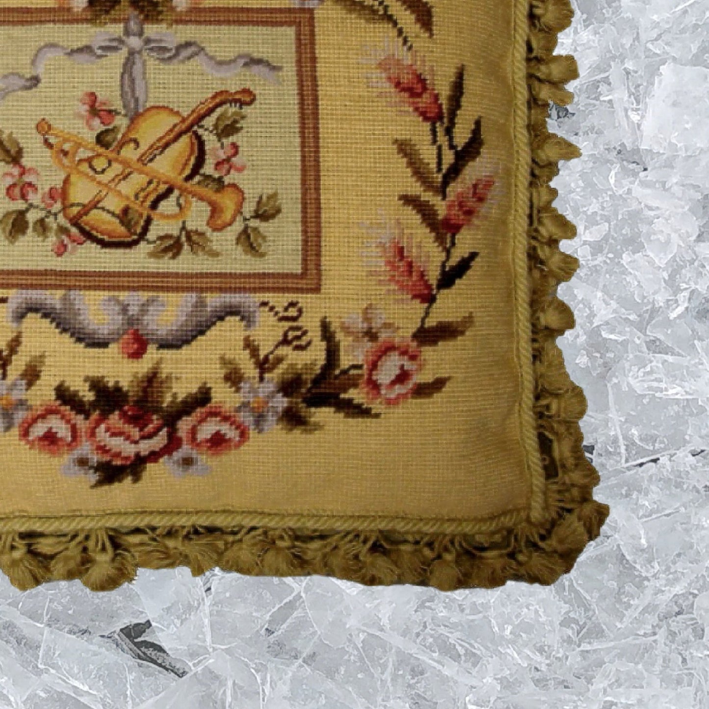 Handmade Wool Needlepoint Pillow Cover - Decorative Throw Cushion Cover - Vintage Floral Embroidery Design  big Viola and Trumpet background