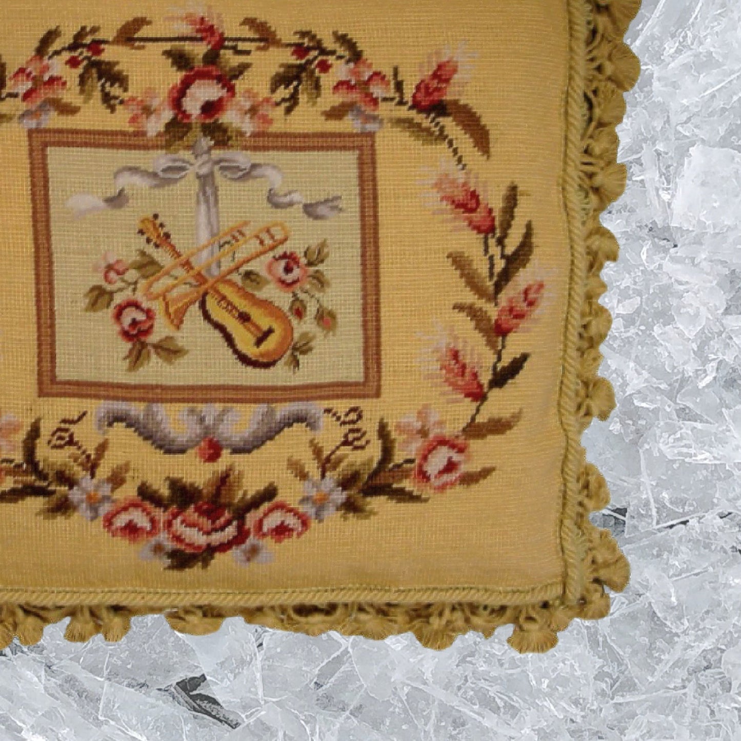 Handmade Wool Needlepoint Pillow Cover - Decorative Throw Cushion Cover - Vintage Floral Embroidery Design  Violin background