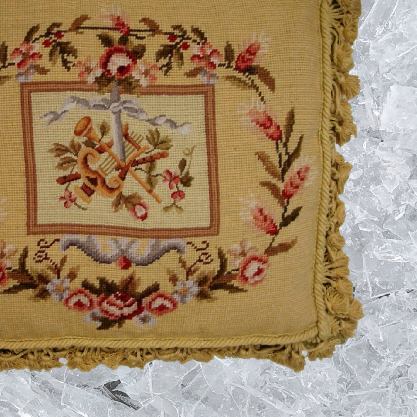 Handmade Wool Needlepoint Pillow Cover - Decorative Throw Cushion Cover - Vintage Floral Embroidery Design  Harp background