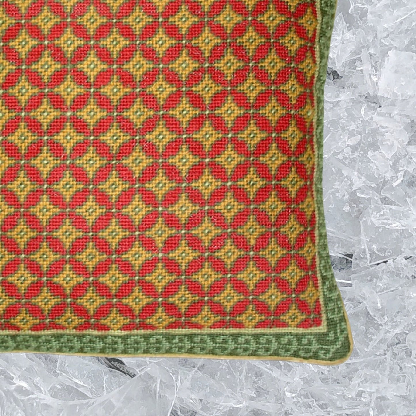 Handmade Wool Needlepoint Pillow Cover - Decorative Throw Cushion Cover - Vintage Floral Embroidery Design checkers in shade of rich gold, red, green