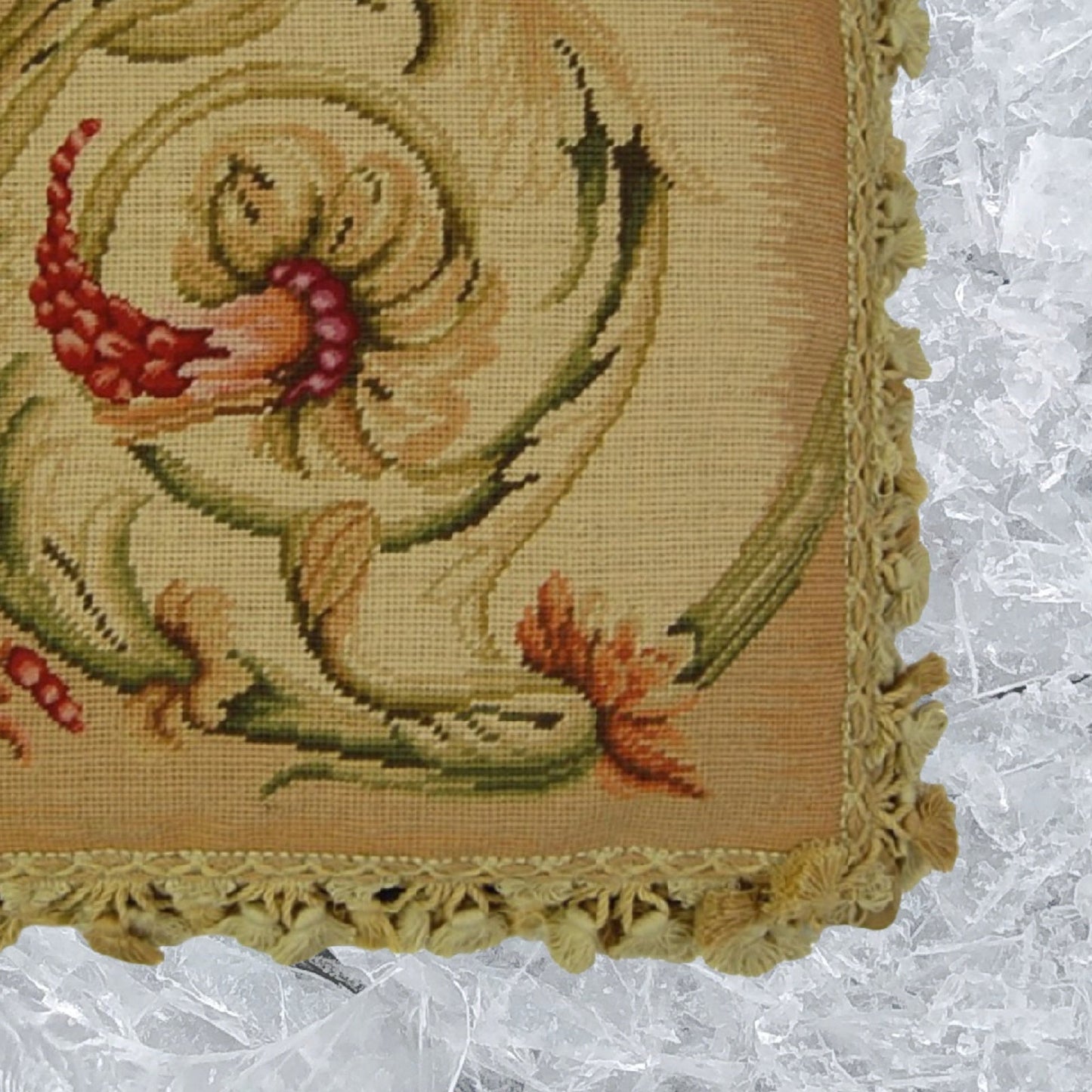 Handmade Wool Needlepoint Pillow Cover - Decorative Throw Cushion Cover - Vintage Floral Embroidery Design  Wheat blooming center circling with tassel