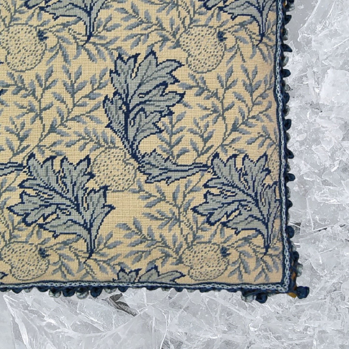 Handmade Wool Needlepoint Pillow Cover - Decorative Throw Cushion Cover - Vintage Floral Embroidery Design blue/white William Morris grapes leaves with 2 color tassels