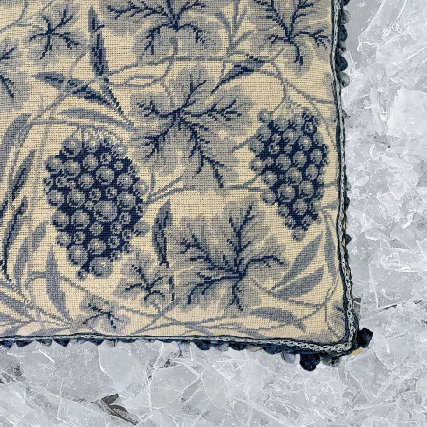 Handmade Wool Needlepoint Pillow Cover - Decorative Throw Cushion Cover - Vintage Floral Embroidery Design William Morris grapes with tassels