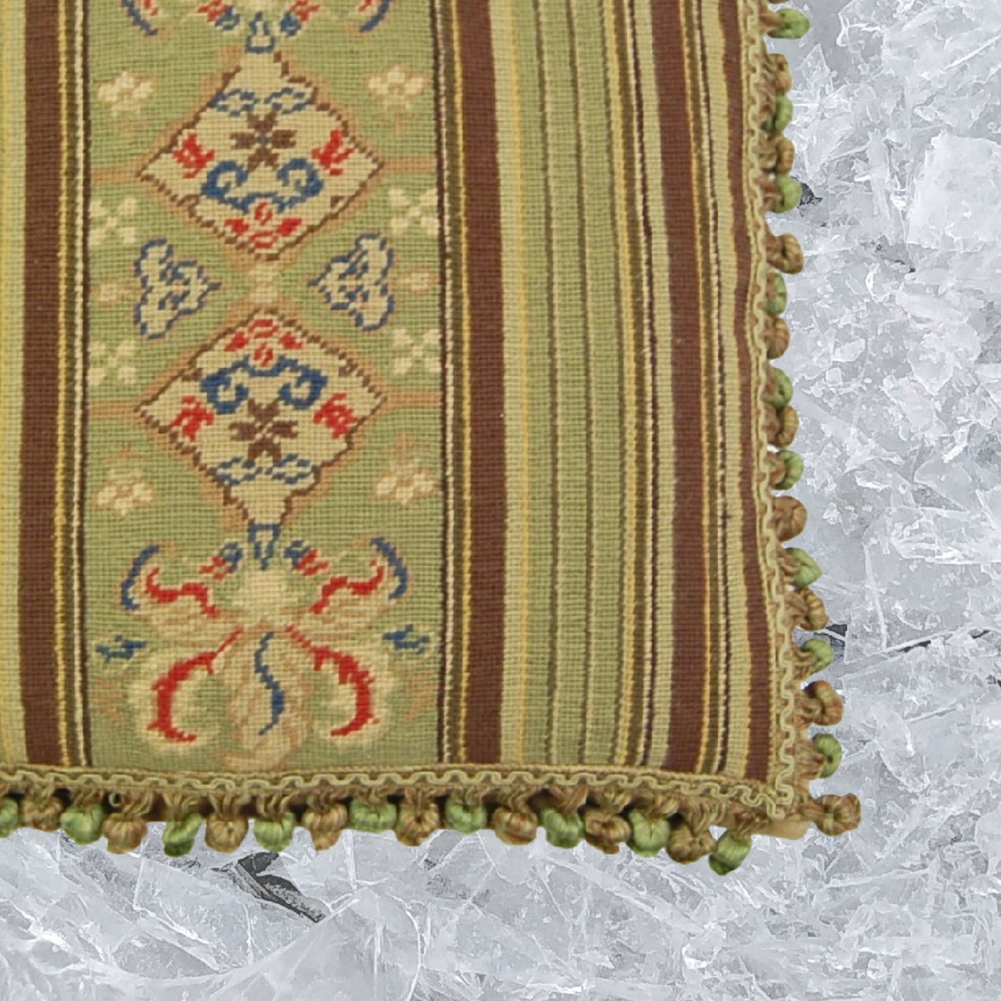 Handmade Wool Needlepoint Pillow Cover - Decorative Throw Cushion Cover - Vintage Floral Embroidery Design green/brown patten with lager patten center with 3 color tassels