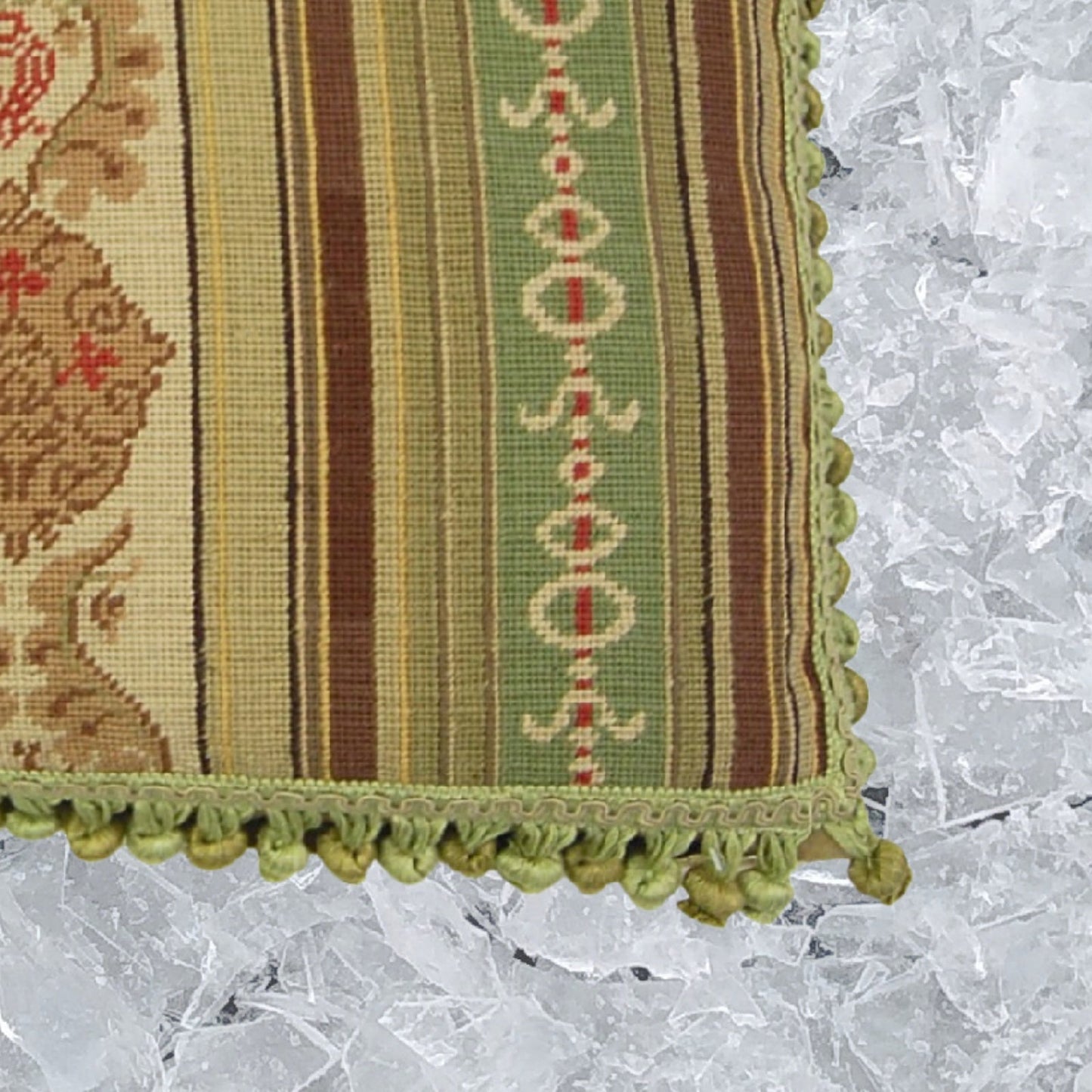 Handmade Wool Needlepoint Pillow Cover - Decorative Throw Cushion Cover - Vintage Floral Embroidery Design green/brown large patten in center with 3 color tassels