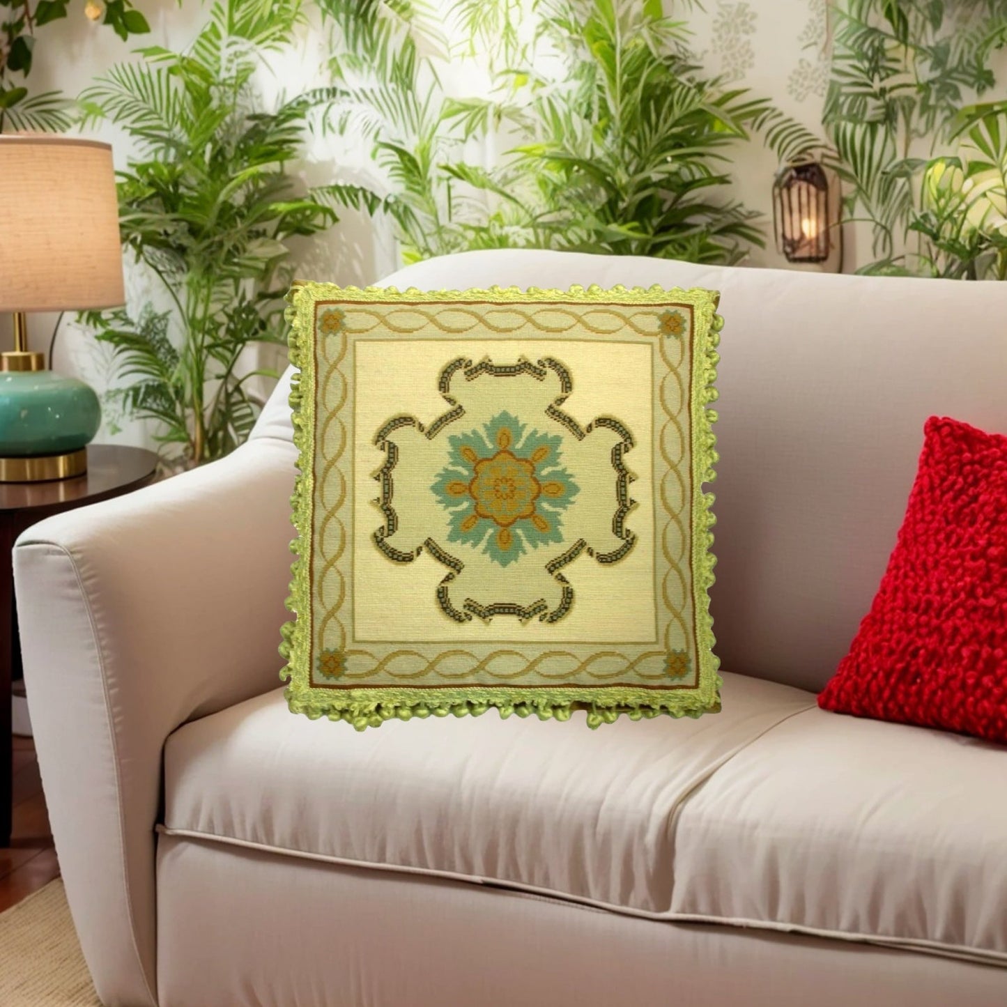 Handmade Wool Needlepoint Pillow Cover - Decorative Throw Cushion Cover - Vintage Floral Embroidery Design  medallion center with tassels