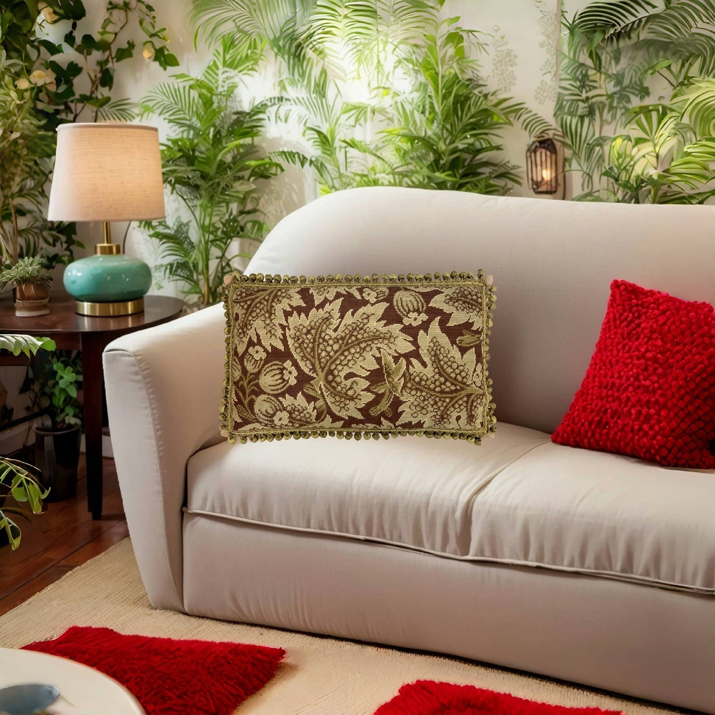 Handmade Wool Needlepoint Pillow Cover - Decorative Throw Cushion Cover - Vintage Floral Embroidery Design olive grape leaves brown background with tassels)