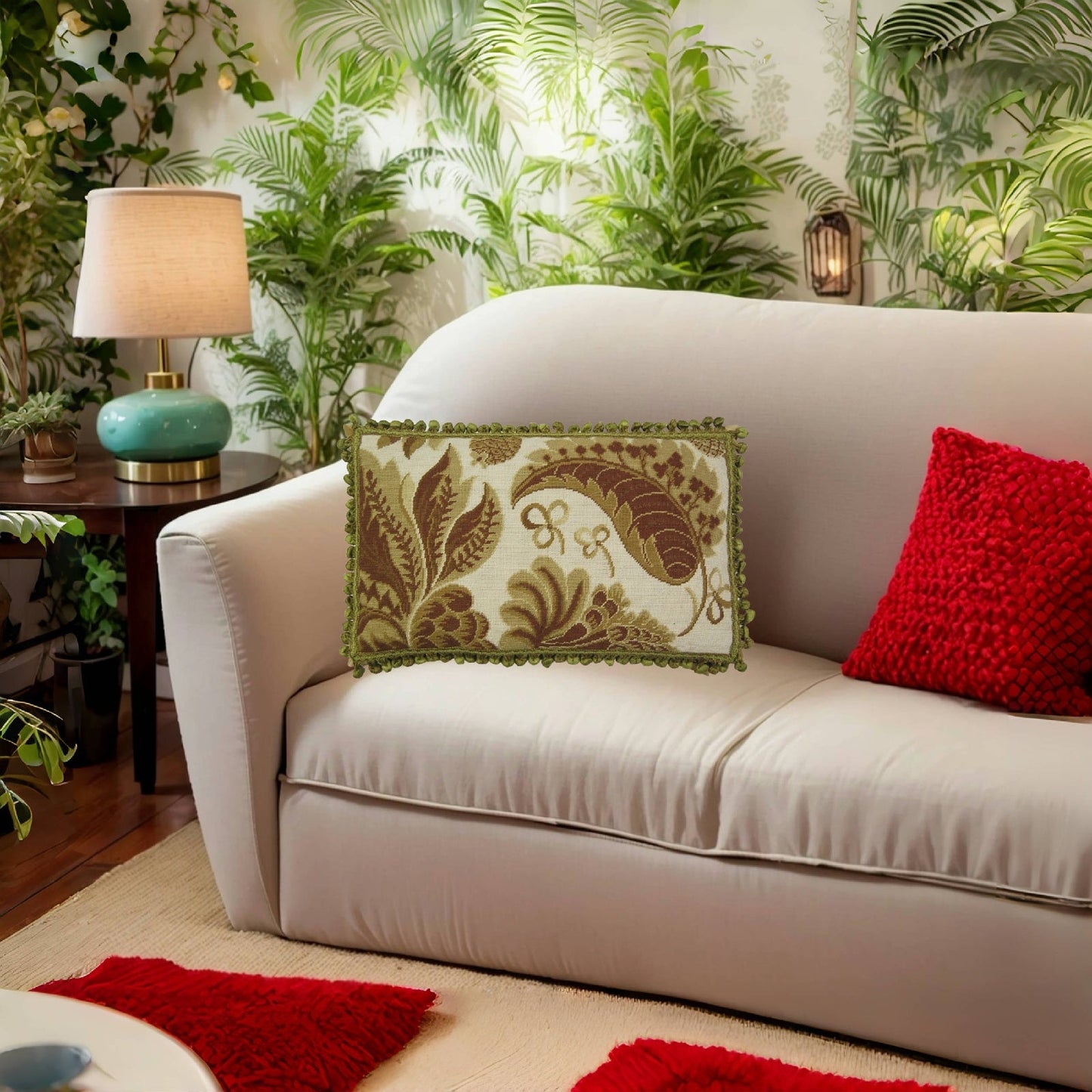 Handmade Wool Needlepoint Pillow Cover - Decorative Throw Cushion Cover - Vintage Floral Embroidery Design olive tropical leaves ivory background with tassels