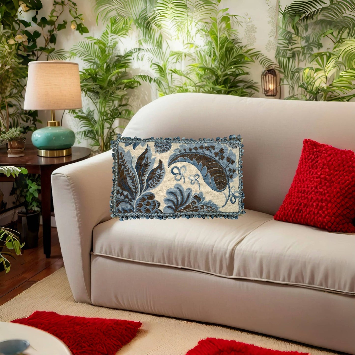 Handmade Wool Needlepoint Pillow Cover - Decorative Throw Cushion Cover - Vintage Floral Embroidery Designblue tropical leaves ivory background with tassels I