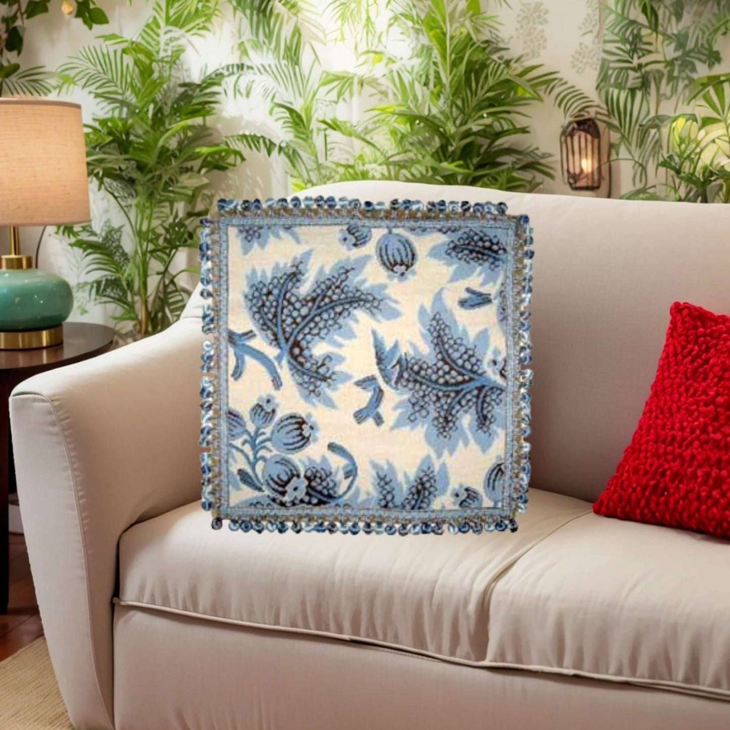 Handmade Wool Needlepoint Pillow Cover - Decorative Throw Cushion Cover - Vintage Floral Embroidery Design blue grapes leaves ivory background with tassels