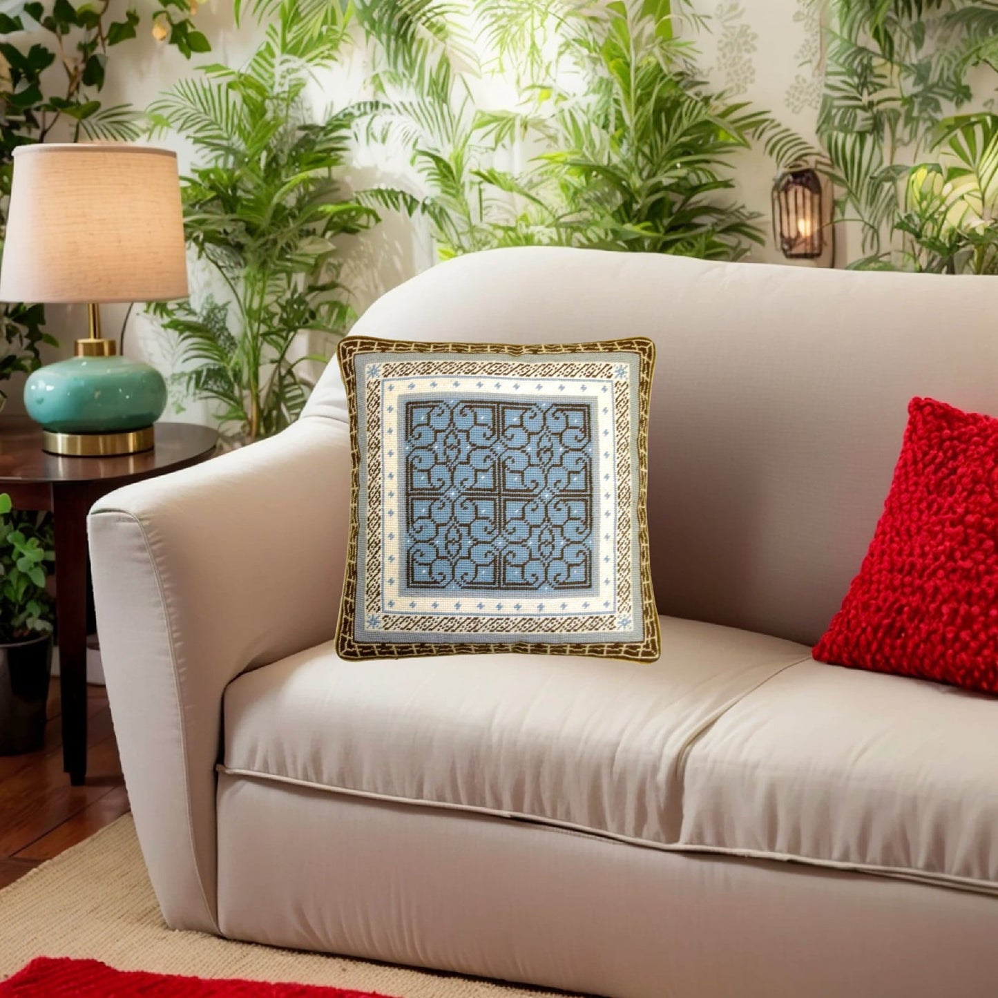 Handmade Wool Needlepoint Pillow Cover - Decorative Throw Cushion Cover - Vintage Floral Embroidery Design blue/brown heartscroll multi design