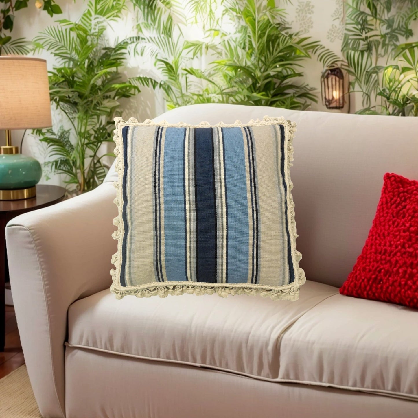 Handmade Wool Needlepoint Pillow Cover - Decorative Throw Cushion Cover - Vintage Floral Embroidery Design square in blue/navy/ivory/sand with tassels