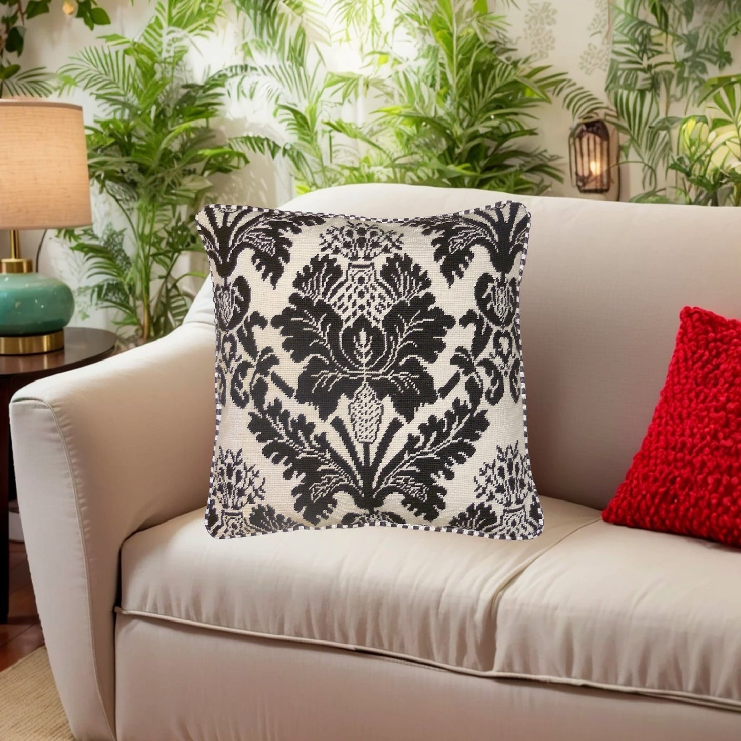 Handmade Wool Needlepoint Pillow Cover - Decorative Throw Cushion Cover - Vintage Floral Embroidery Design brown/white with cording