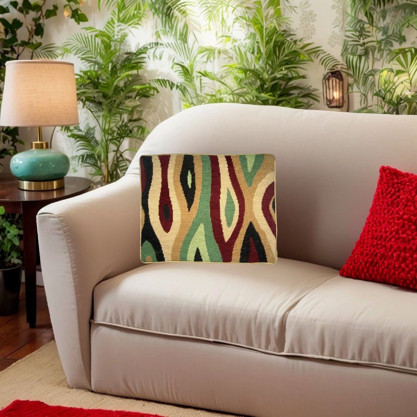 Handmade Wool Needlepoint Pillow Cover - Decorative Throw Cushion Cover - Vintage Floral Embroidery Design geography in red, green, sand on gold background